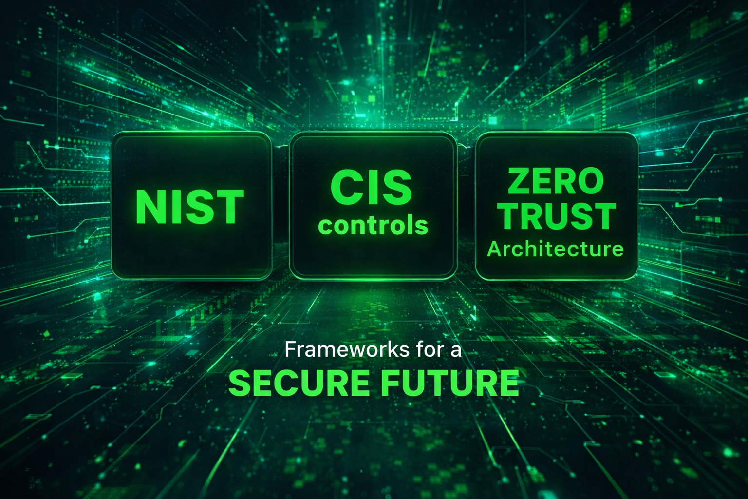 Digital graphic with green glowing text and icons related to cybersecurity frameworks. The main text reads 'NIST, CIS controls, Zero Trust Architecture' with a subtitle 'Frameworks for a SECURE FUTURE'. The background features a high-tech, futuristic digital grid with streams of data.
