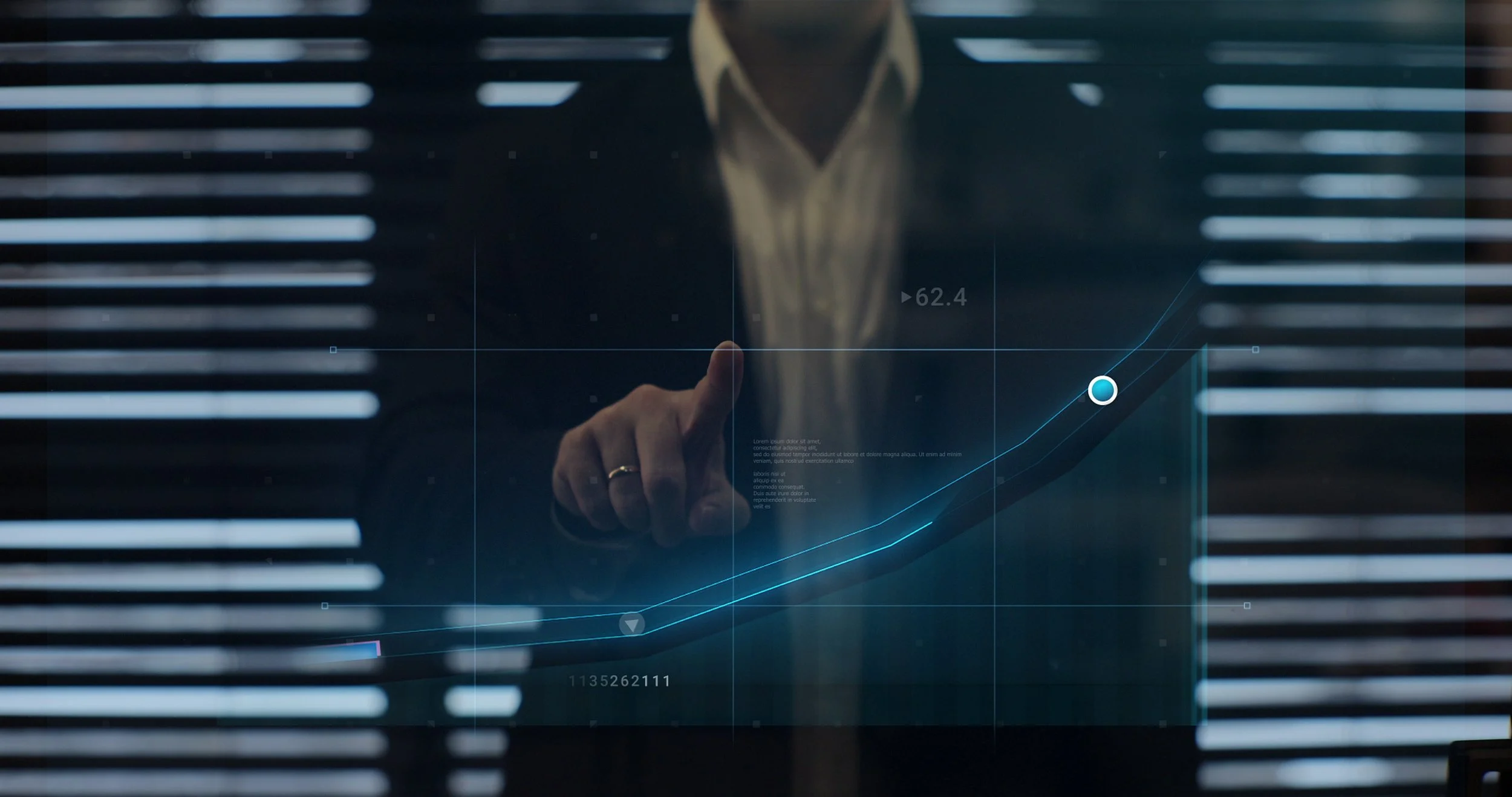 Person in business attire pointing at a digital data chart on a futuristic transparent screen, with horizontal bars in background.