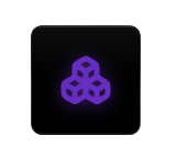 A dark background with a purple glowing geometric symbol resembling interconnected cubes.