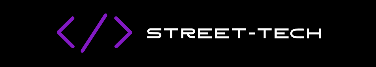 Stylized purple code brackets next to the words STREET-TECH on a black background.