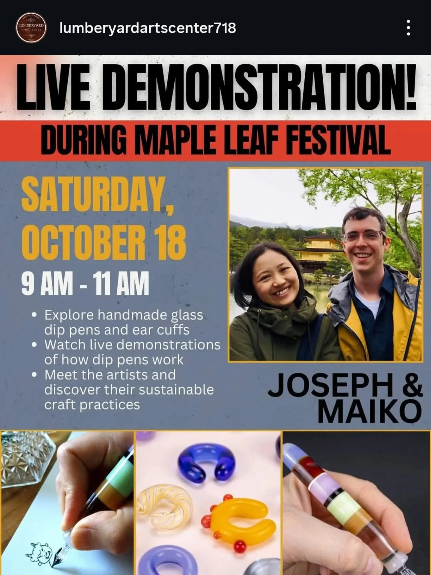 We will be at @lumberyardartscenter718 for the Maple leaf festival on Saturday 10/18. Come see us drawing with our glass dip pens and you are very welcome to try them. They are so cute and smooth to write, and easy to wash.