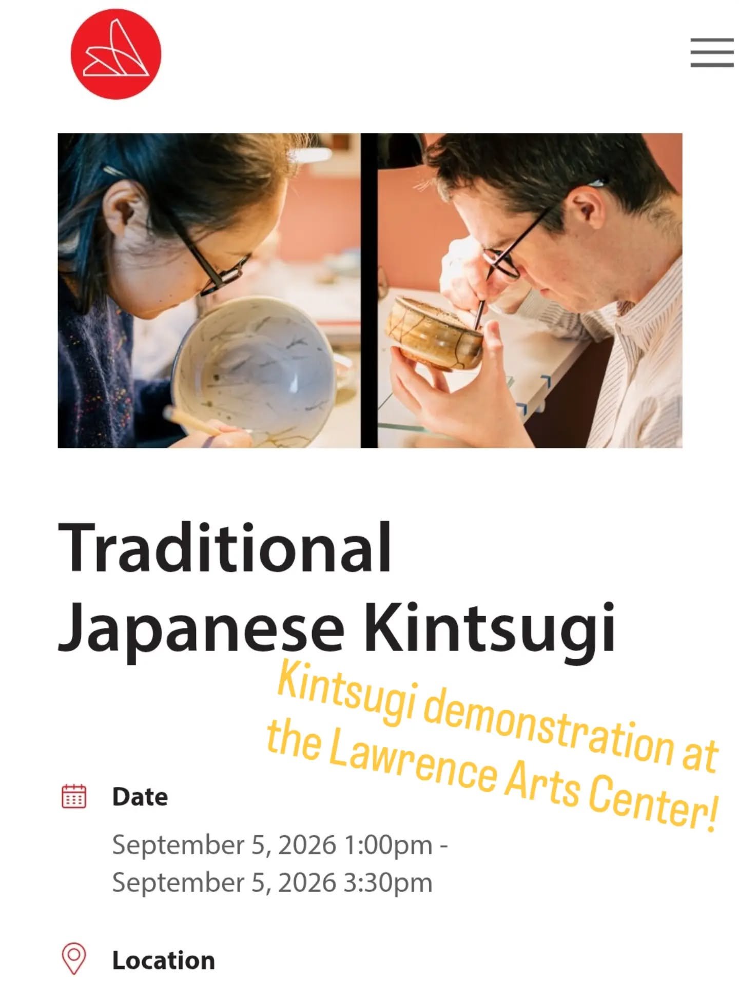 We are offering a free kintsugi demonstration on September 5th. Please visit the Lawrence Arts Center website for more information. ✨✨✨
