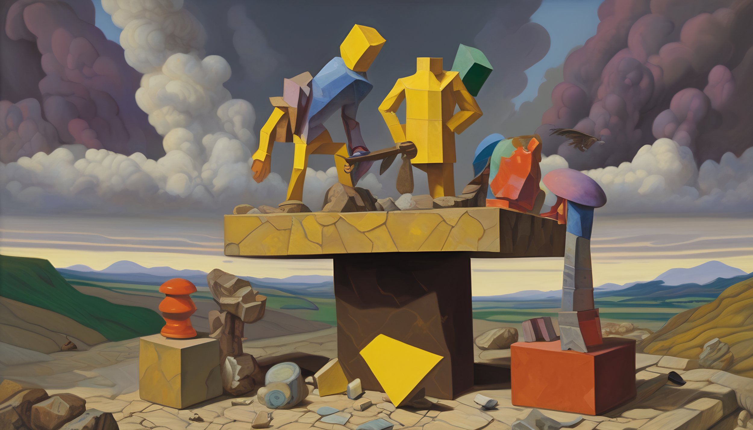 "Checkmate in Surreal Display" - Absurdism Period. 2023 September #000. In a world where tables soar with skies, stones, steadfast, whisper age-old ties. Colors clash, in absurdist ballet, amidst the clouds, they twist and splay. Balance teeters on t