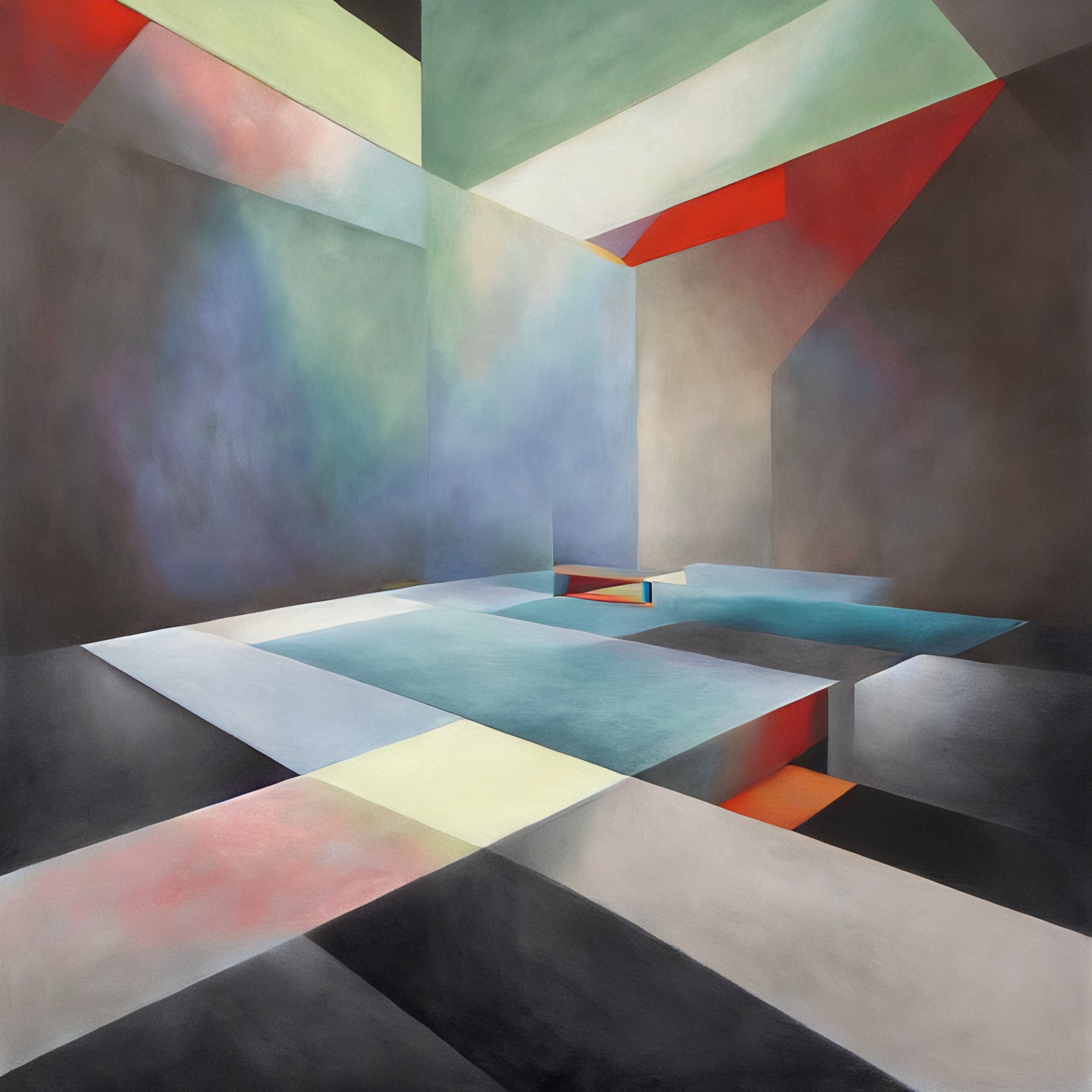 "Upturned Mirage Communing" - Paradox Period. 2023 May #011. A kaleidoscope of blue and green, a jumble of angles and dream, a prism of color in play, a twisted trinity of shades all day. A concrete cube suspended aloft, a fantastic mirage takes off.