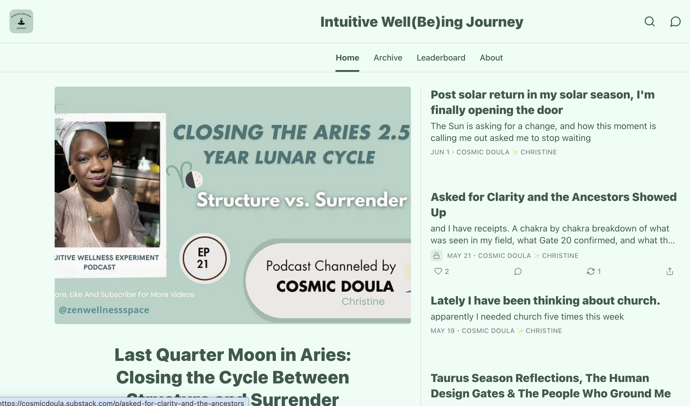Image of Cosmic Doula's Substack homepage full of writings and musings
