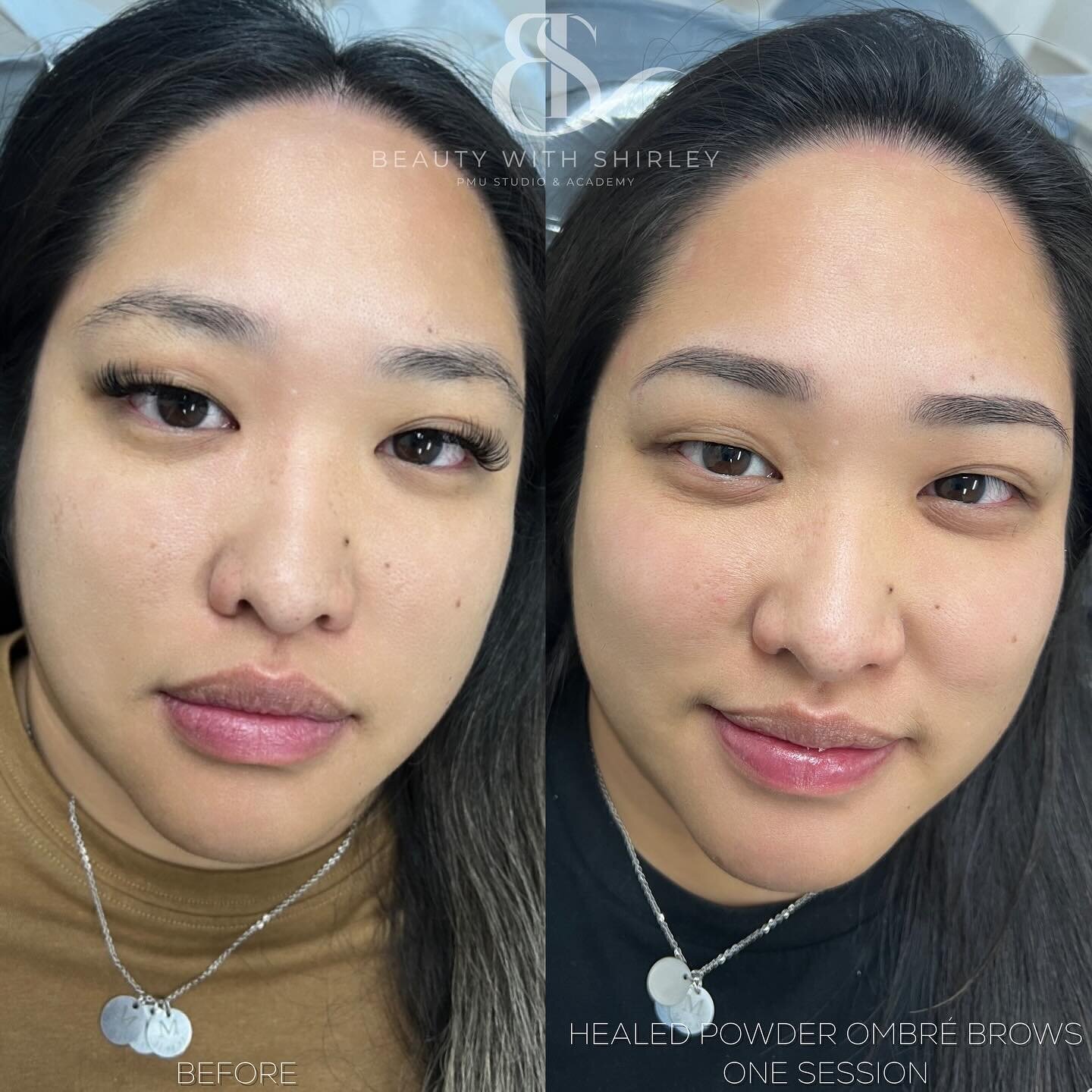 Here is a side by side of how brows can make such a difference in your whole look.

Powder ombr&eacute; brows done by @beautywithshirley 

When this technique is done correctly by a brow specialist, healed results will look natural and not look like 