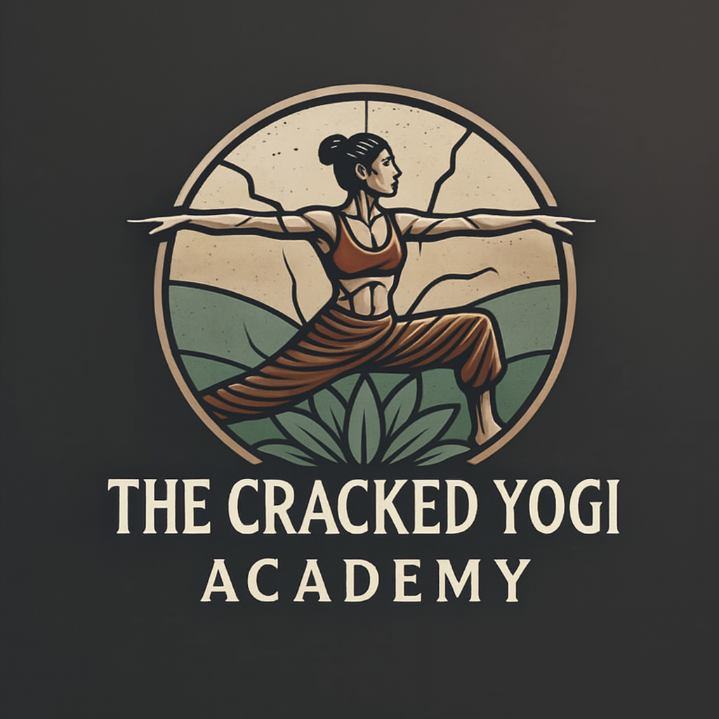 A logo for The Cracked Yogi Academy featuring a woman in a yoga pose with arms outstretched in a warrior stance, set against a circular background resembling a cracked sun or moon, with green hills and stylized lotus petals at the bottom, and the tex