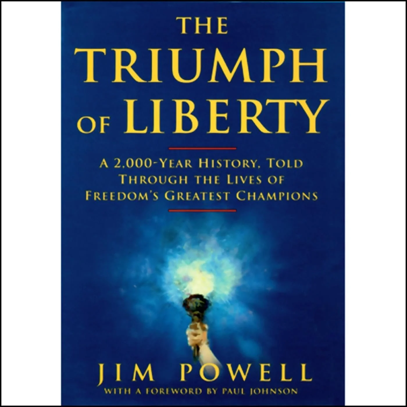Book cover titled 'The Triumph of Liberty' by Jim Powell, featuring a dark background with a hand holding a torch emitting fire and light, with yellow and red text.