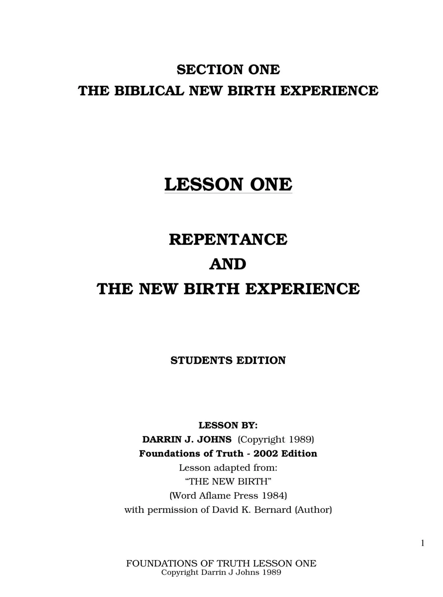 Page from a book titled 'Section One: The Biblical New Birth Experience,' Lesson One: Repentance and The New Birth Experience, Student's Edition, by Darrin J. Johns, copyright 1989, based on 'The New Birth' from Word Aflame Press 1984.
