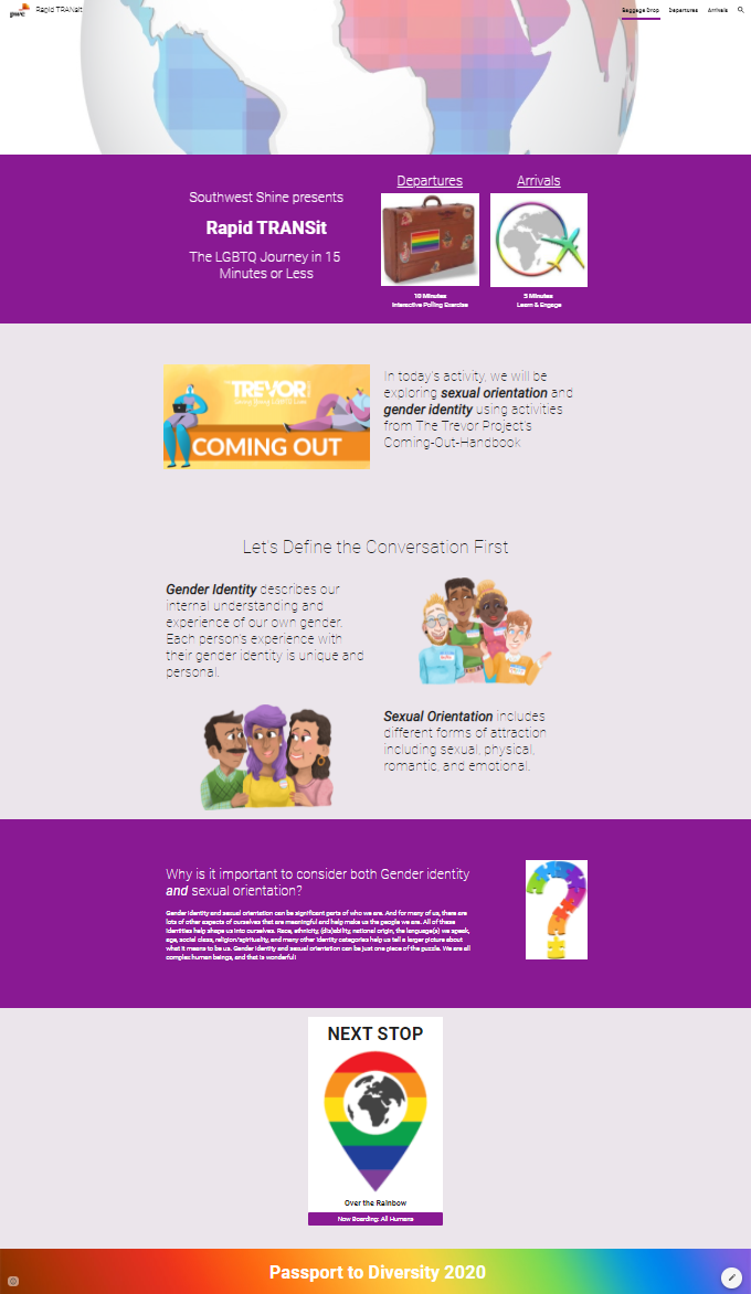 An experience of the "The LGBTQ Journey" that explores sexual orientation and gender identity. This is a live interactive experience based on the Trevor Project's Coming Out Handbook.