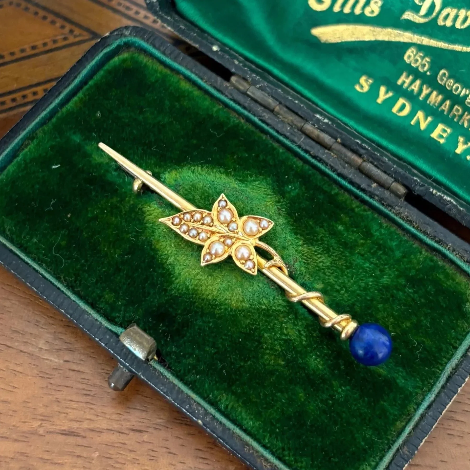 Antique Lapis and Seed Pearl Ivy Leaf Brooch