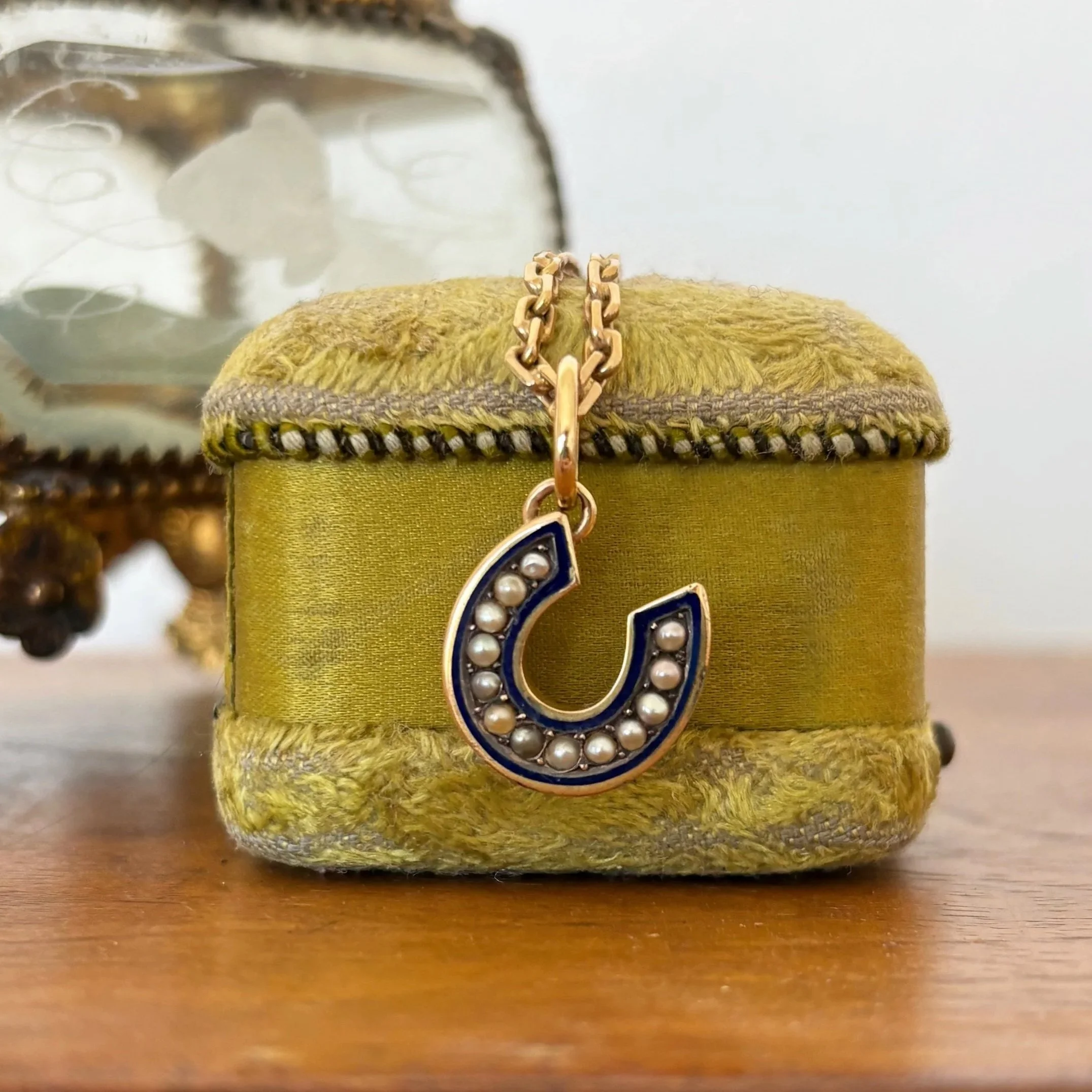 Antique Enamel and Seed Pearl Horseshoe Pendant