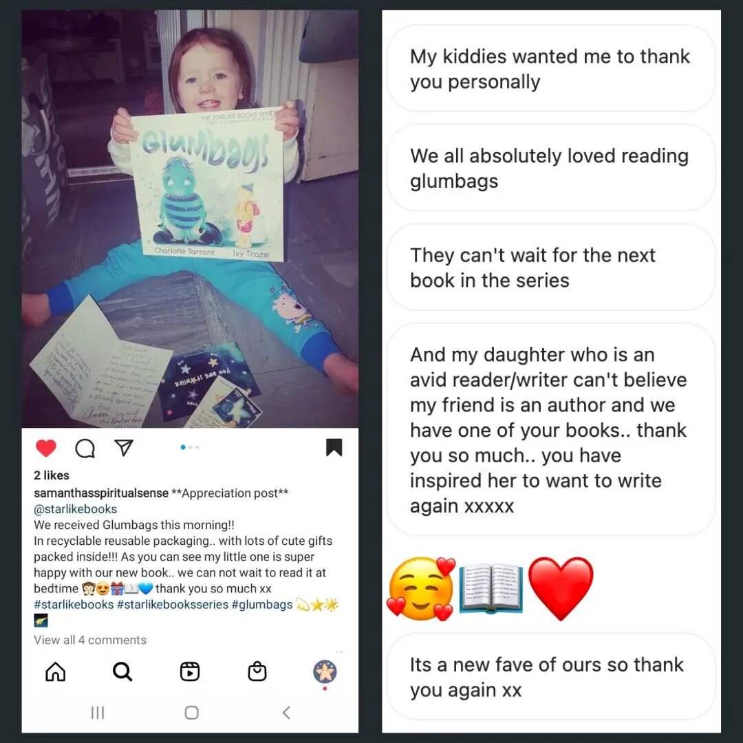 My blue heart is full 💙. Look at little Nells, that lovely face of joy. Posting with gratitude to @samanthasspiritualsense for allowing me to share this review of Glumbags. It means so much to me and @ivytrazsi.illustration when starlike humans conn