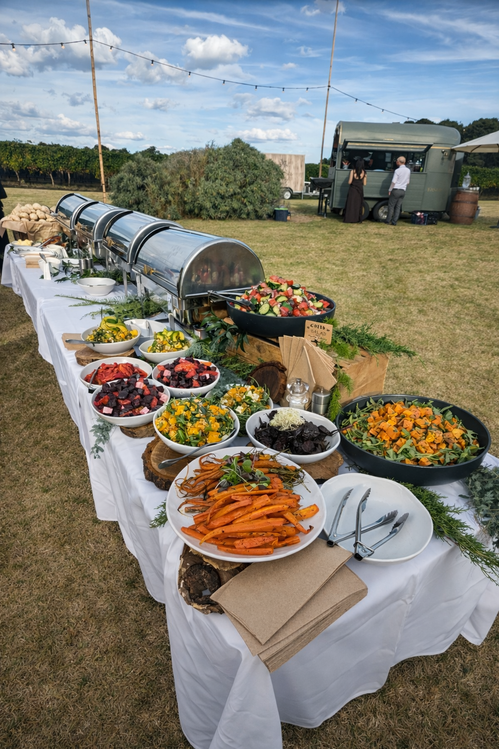 Buffet served at a vineyard wedding