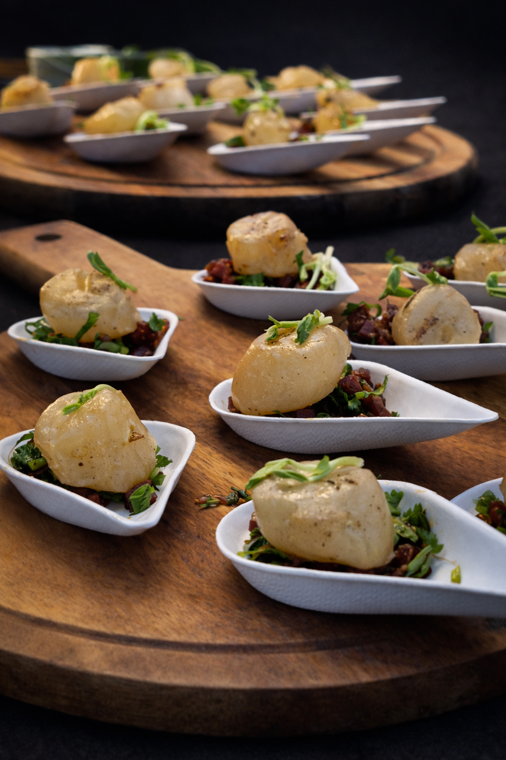 Seared Scallops served on crumbed chorizo crumbs