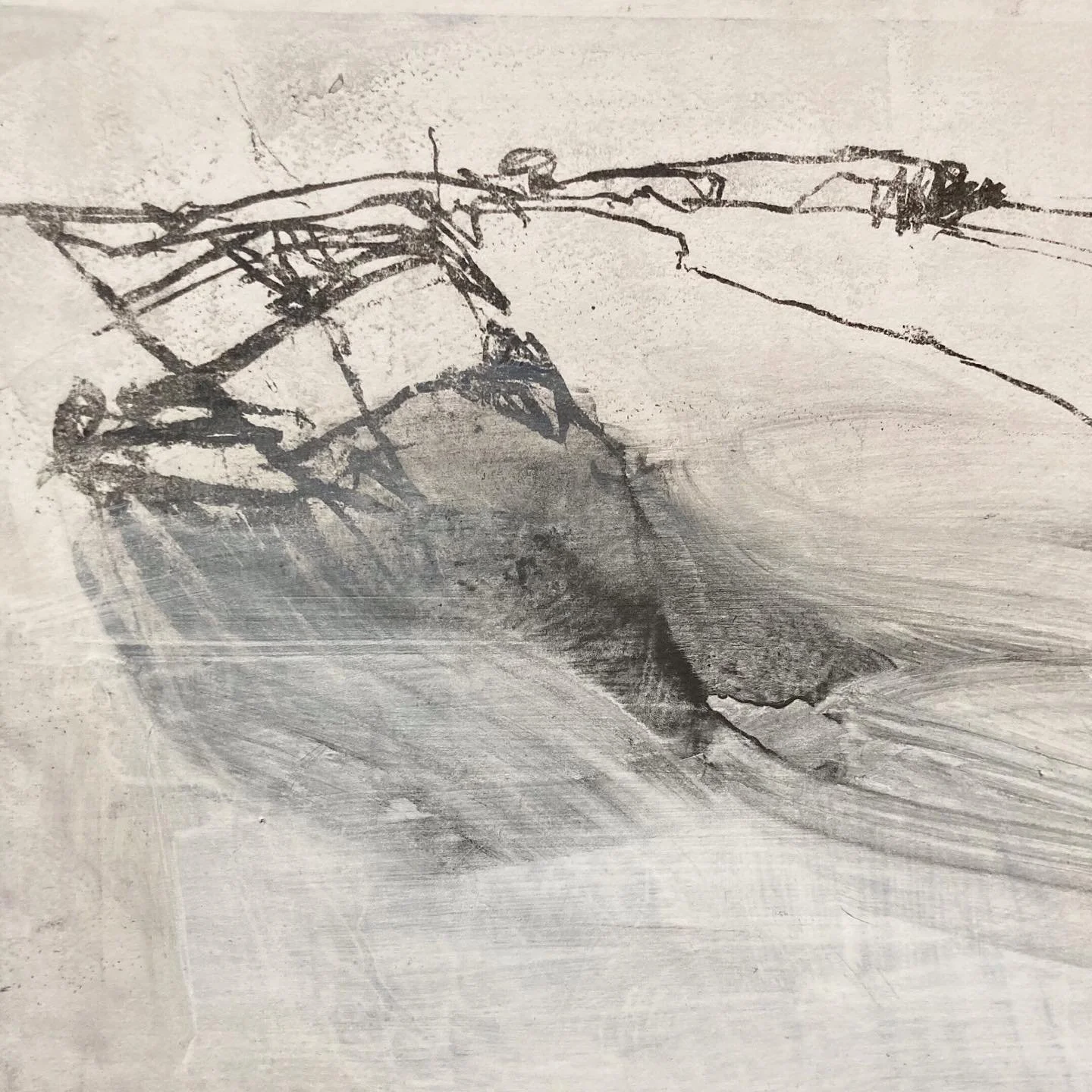 A piece I made at the beginning of the year as part of a collection of work called ‘Small stories’. (Swipe for full image) 
This piece began as a charcoal line drawing which I used to make a paper lithography print. I then worked over th