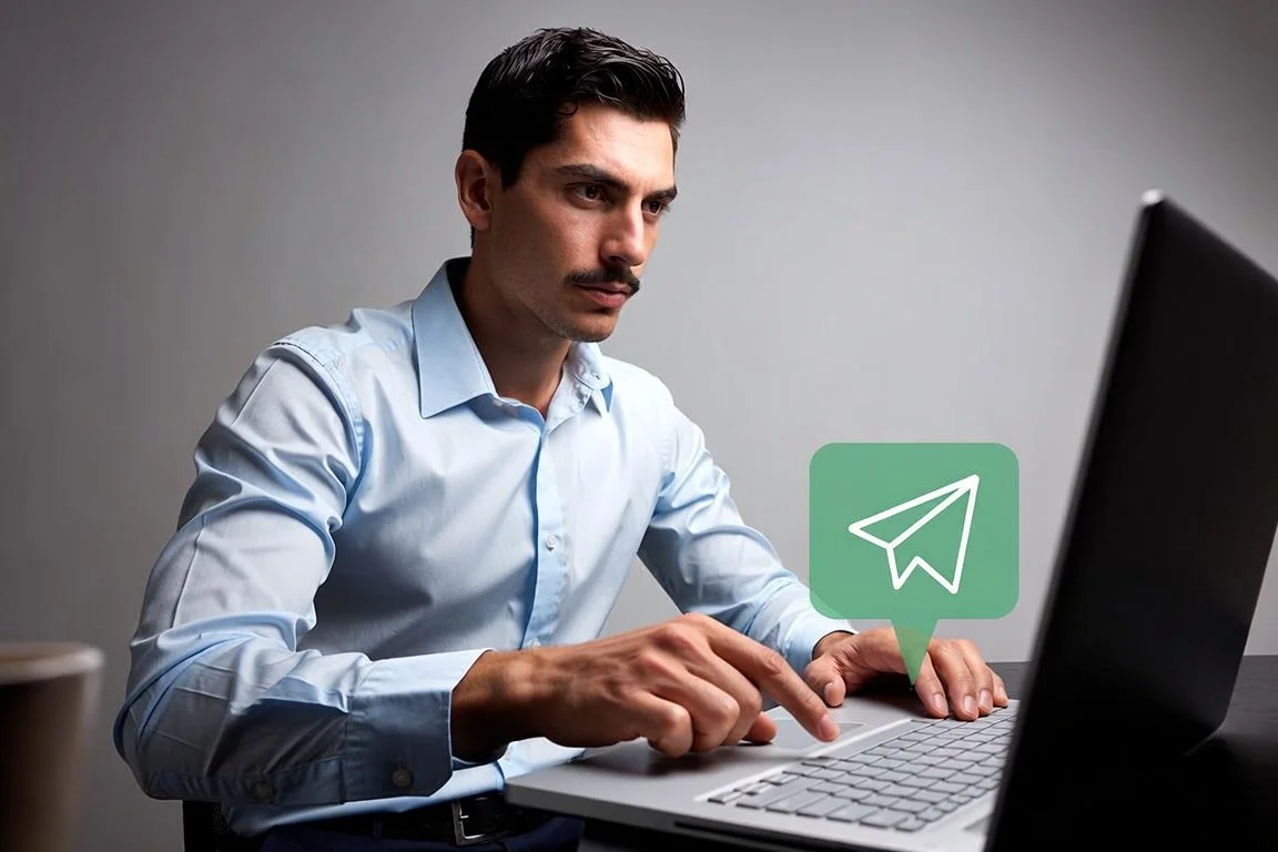 Focused professional pressing send on laptop with determined expression, representing launching active job search, taking consistent action, and moving from planning to execution in career transition.
