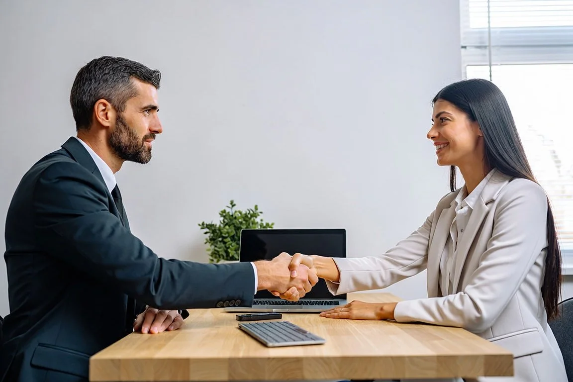 Confident professional shaking hands across table during successful job interview, positive and professional atmosphere, representing acing interviews, negotiating offers, and closing the job search successfully.
