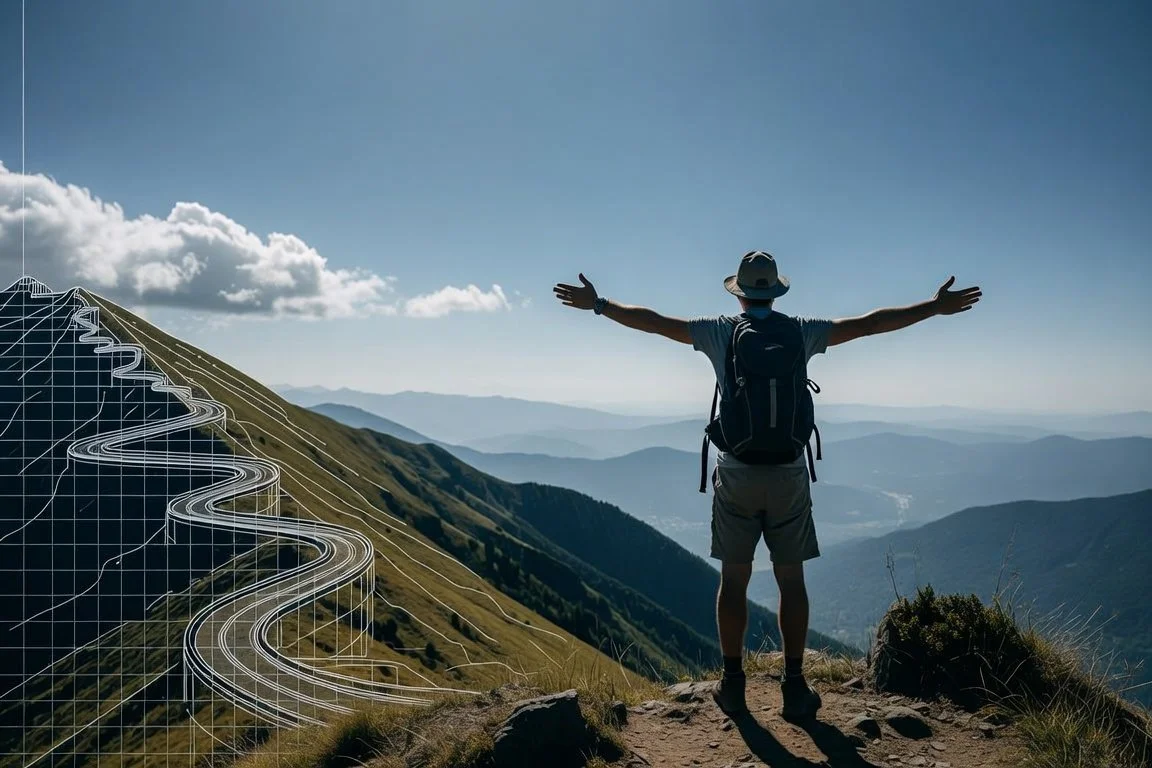 Triumphant professional standing on mountain summit looking at vast bright horizon with blueprint path below, representing long-term career development, owning your future, and having a repeatable system for career transitions.