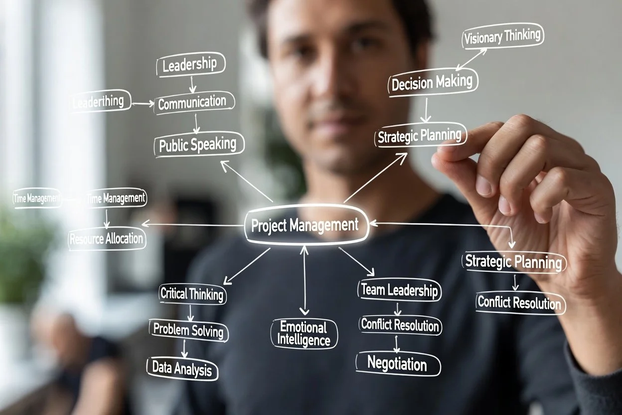 Professional organizing skills, achievements, and career capital on a digital mind map, representing building value proposition, self-awareness, and confidence for job search and career change.