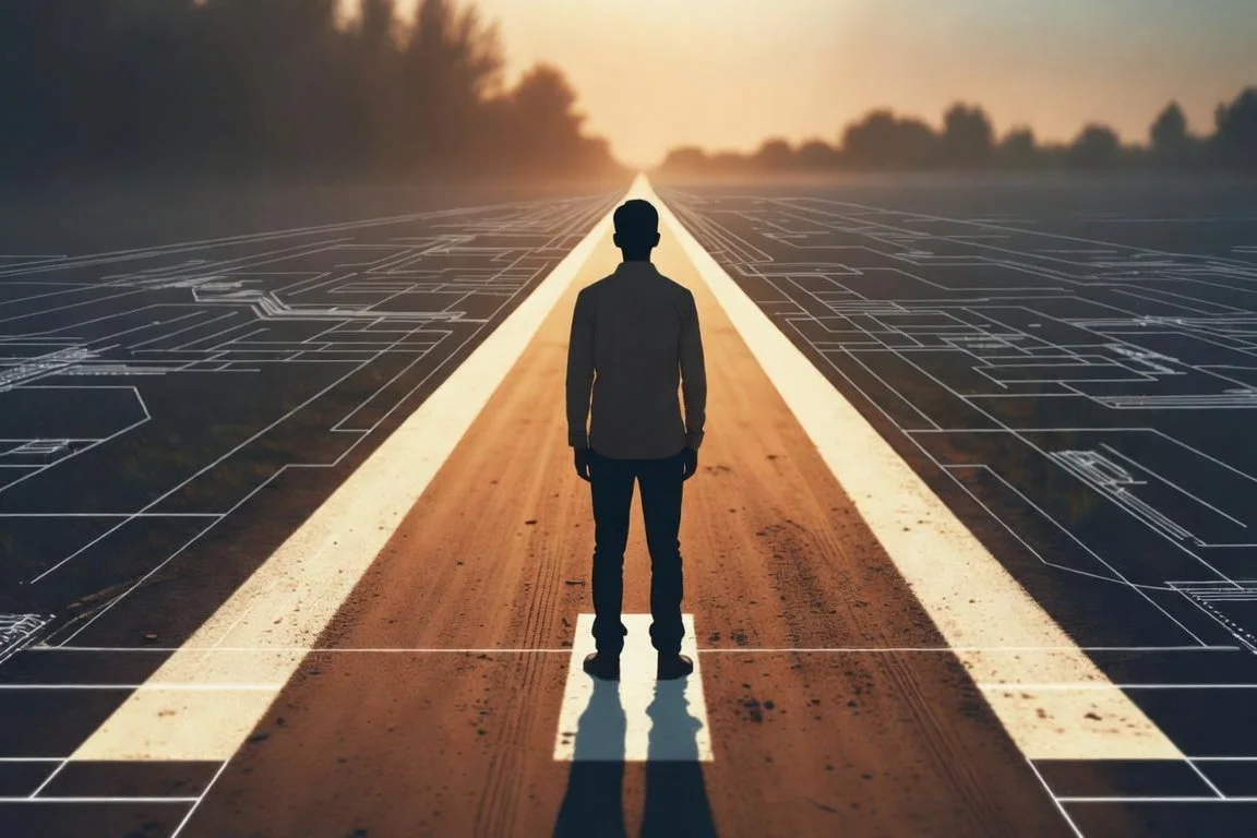 Young professional standing at the beginning of a clear path at sunrise with subtle blueprint overlay, representing the start of an ADHD-friendly job search journey, gaining clarity and taking the first step toward career direction and momentum.
