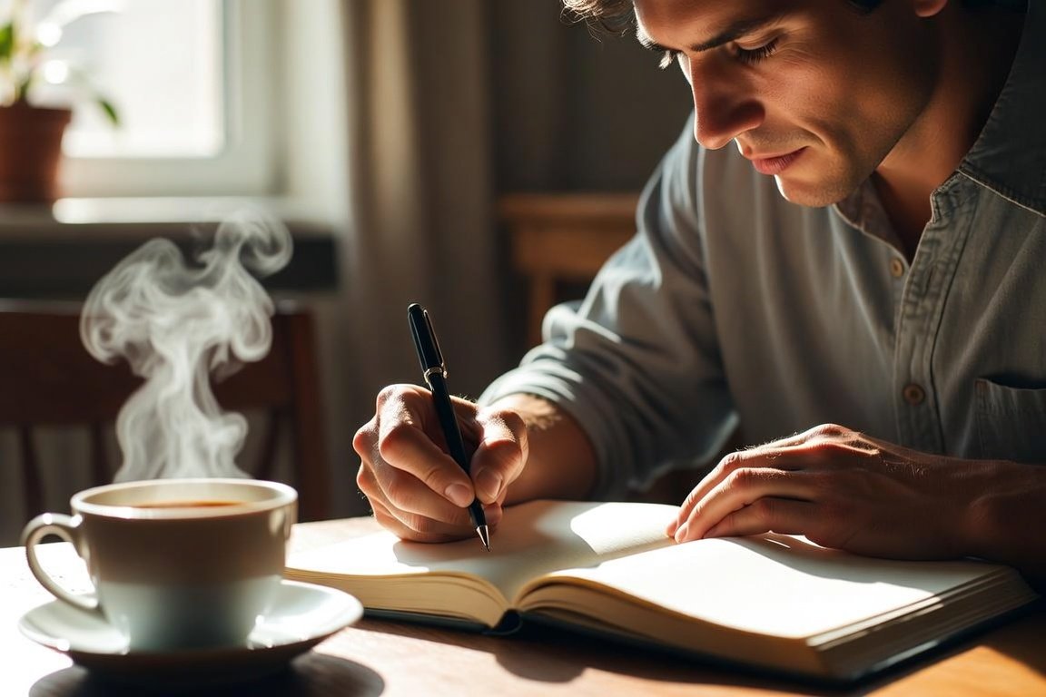 Person writing career goals and life vision in a journal with coffee during warm morning light, representing ADHD career planning, defining what you want, and creating clear direction for your job search.