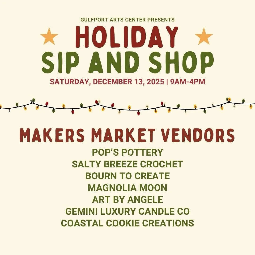 Come see us on Saturday at the @gulfportartscenter for the Holiday Sip n Shop. Cindi and I will be there with all kinds of goodies!