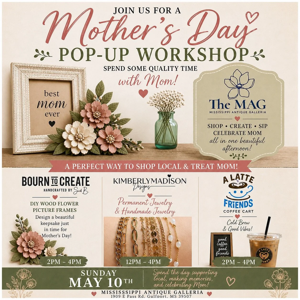 Grab your mom, your bestie, or come solo 💐
We&rsquo;re celebrating Mother&rsquo;s Day the fun way at The MAG!

✨ DIY wood flower picture frames
✨ Permanent jewelry 
✨ Cold brew + good vibes 
✨ Tons of shopping, boutiques, handmade items, vintage and