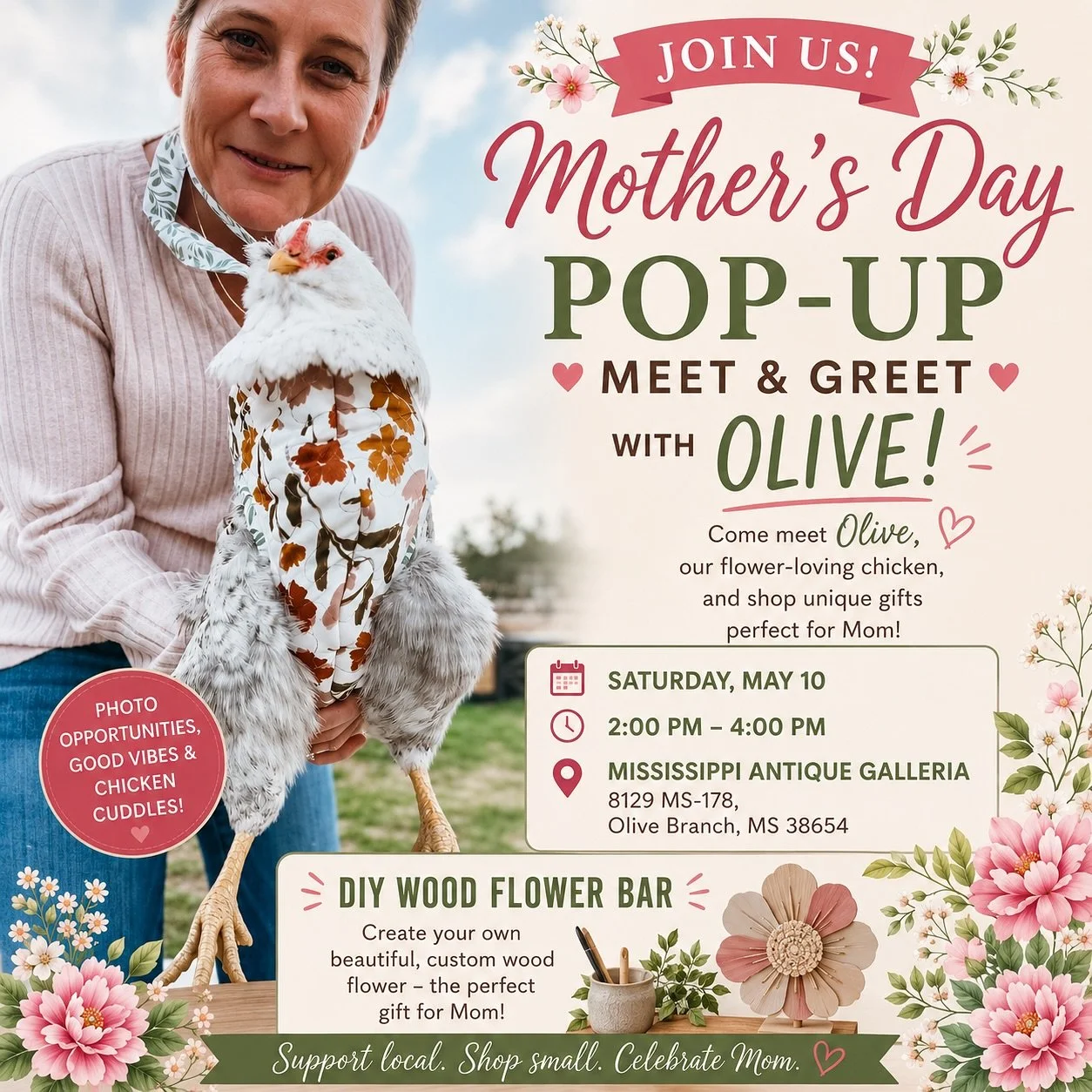 TOMORROW! - Olive&rsquo;s very first MEET &amp; GREET!  She will be with me tomorrow at @msantiquegalleria from 2-4 with the DIY wood flower frame bar. We will be enjoying coffee and dirty sodas from @alattefriends and permanent jewelry from @kimberl