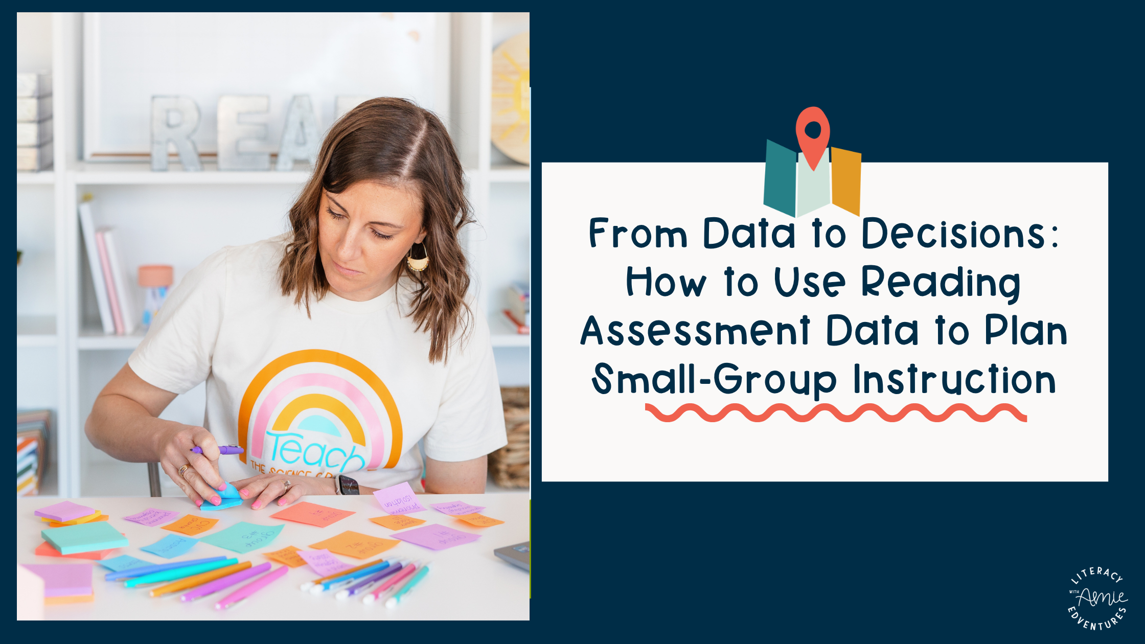 Teacher analyzing reading assessment data to plan targeted small-group instruction for elementary students.
