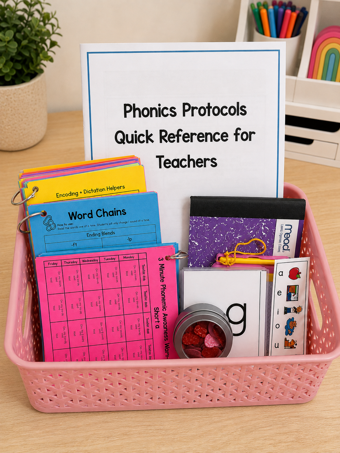 Small group phonics intervention toolkit with phonemic awareness warm-ups, word chains, dictation helpers, and word mapping materials organized for science of reading instruction.