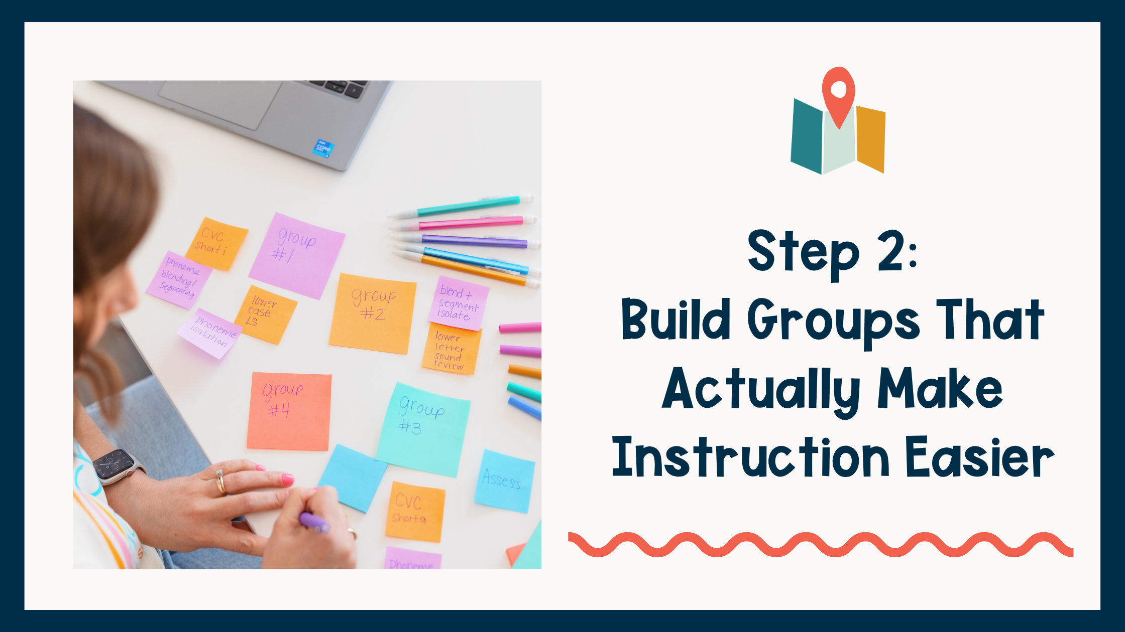 Teacher organizing small-group reading instruction based on phonics skills and student needs.