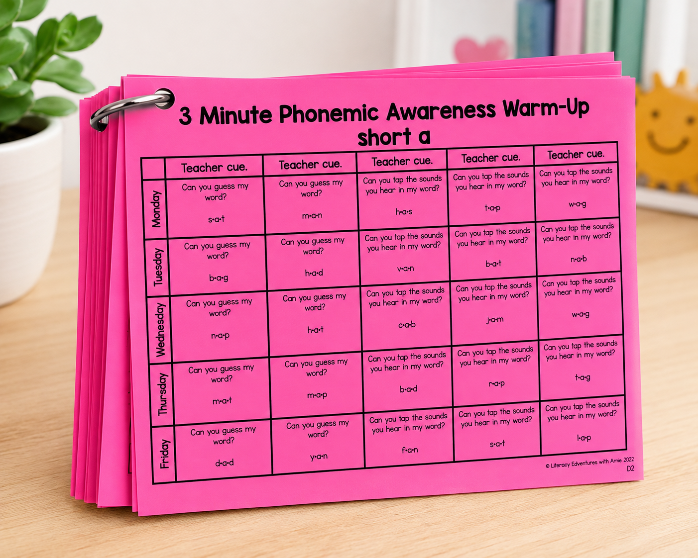 Three-minute phonemic awareness warm-up cards for small group reading instruction featuring blending and segmenting practice organized by phonics skill.