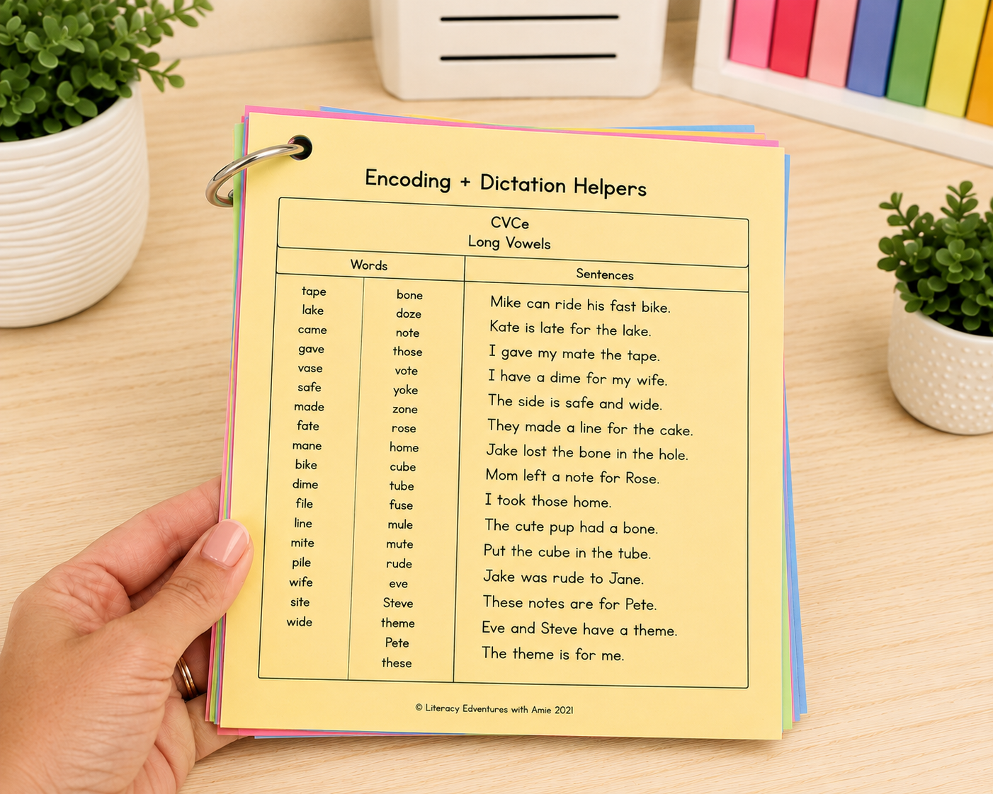 Phonics dictation routine cards organized on a binder ring for structured literacy and small group reading instruction.