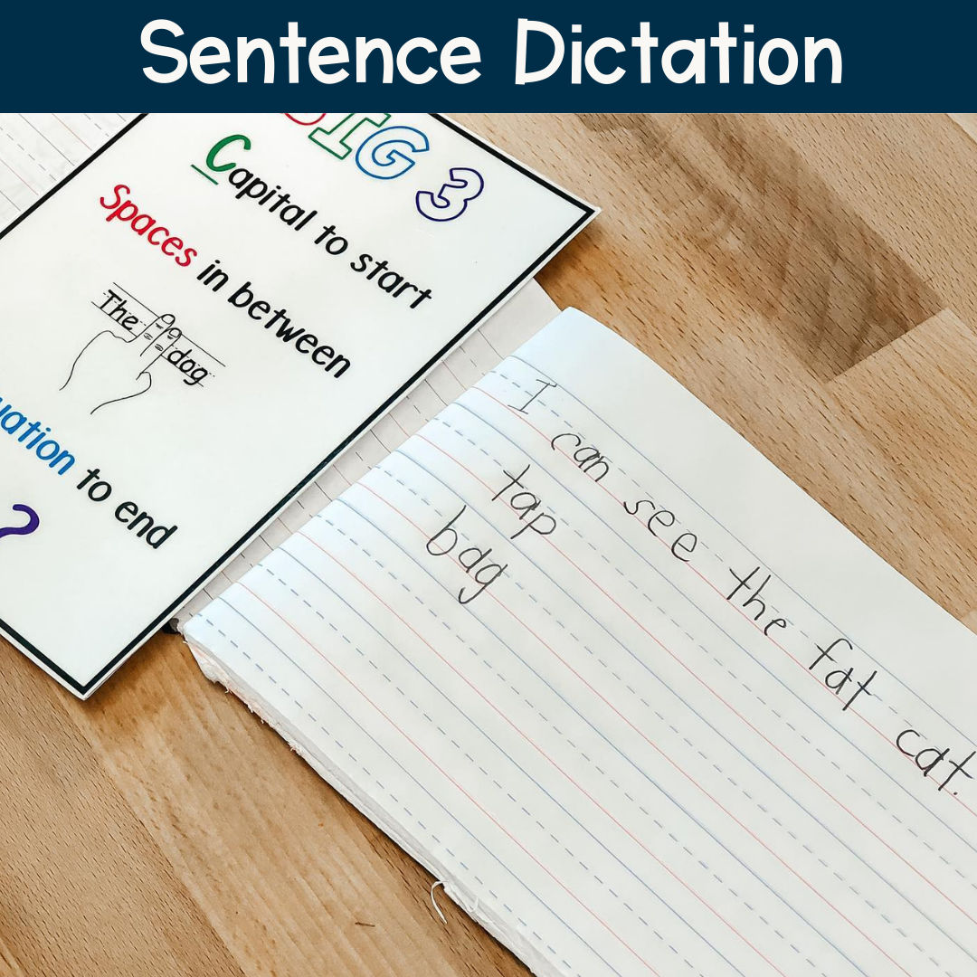Student writing a dictated sentence to practice phoneme-grapheme connections and spelling patterns during phonics instruction.