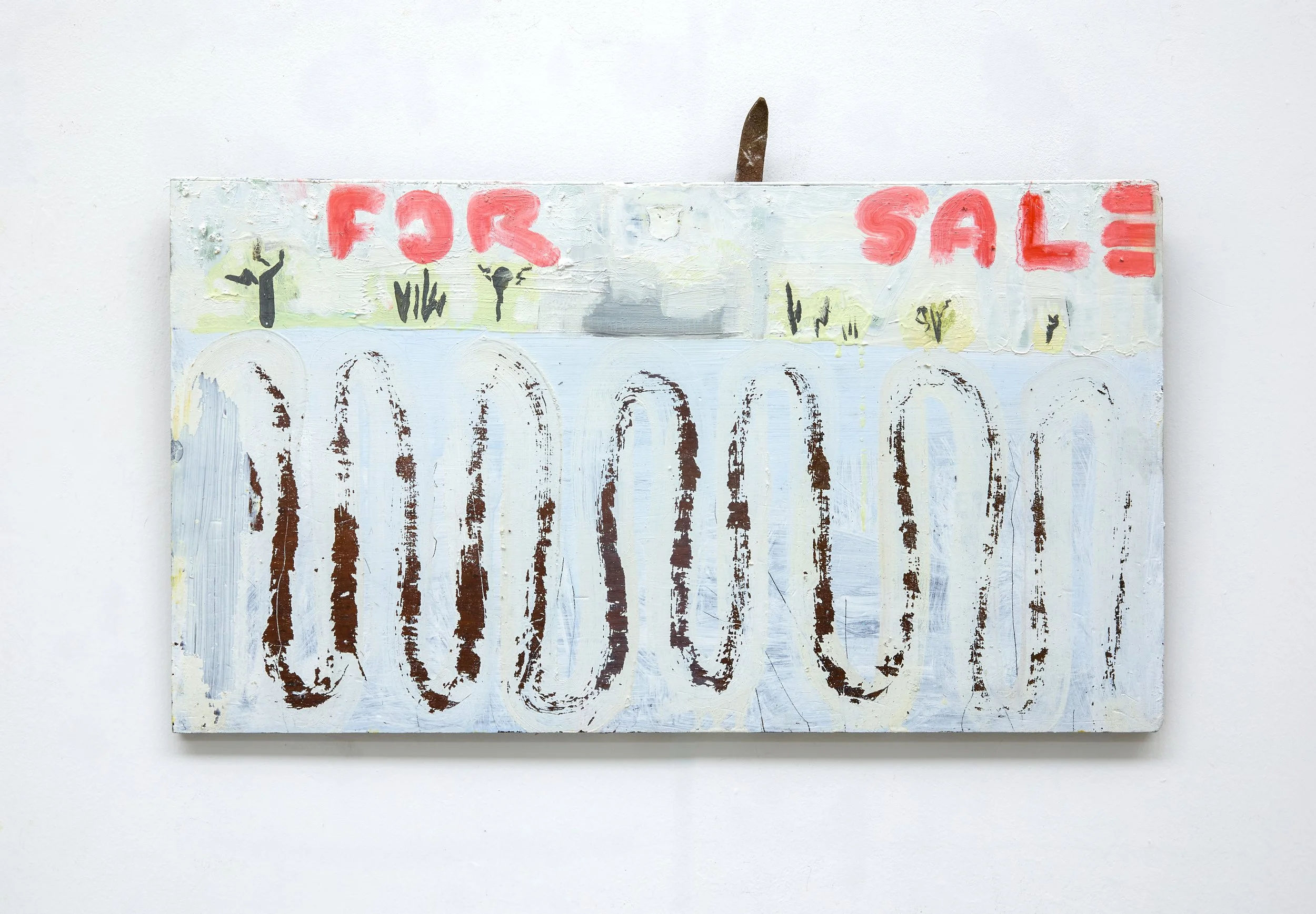 For Sale, 2025. 37 x 67cm. Oil and wax on mahogany panel.