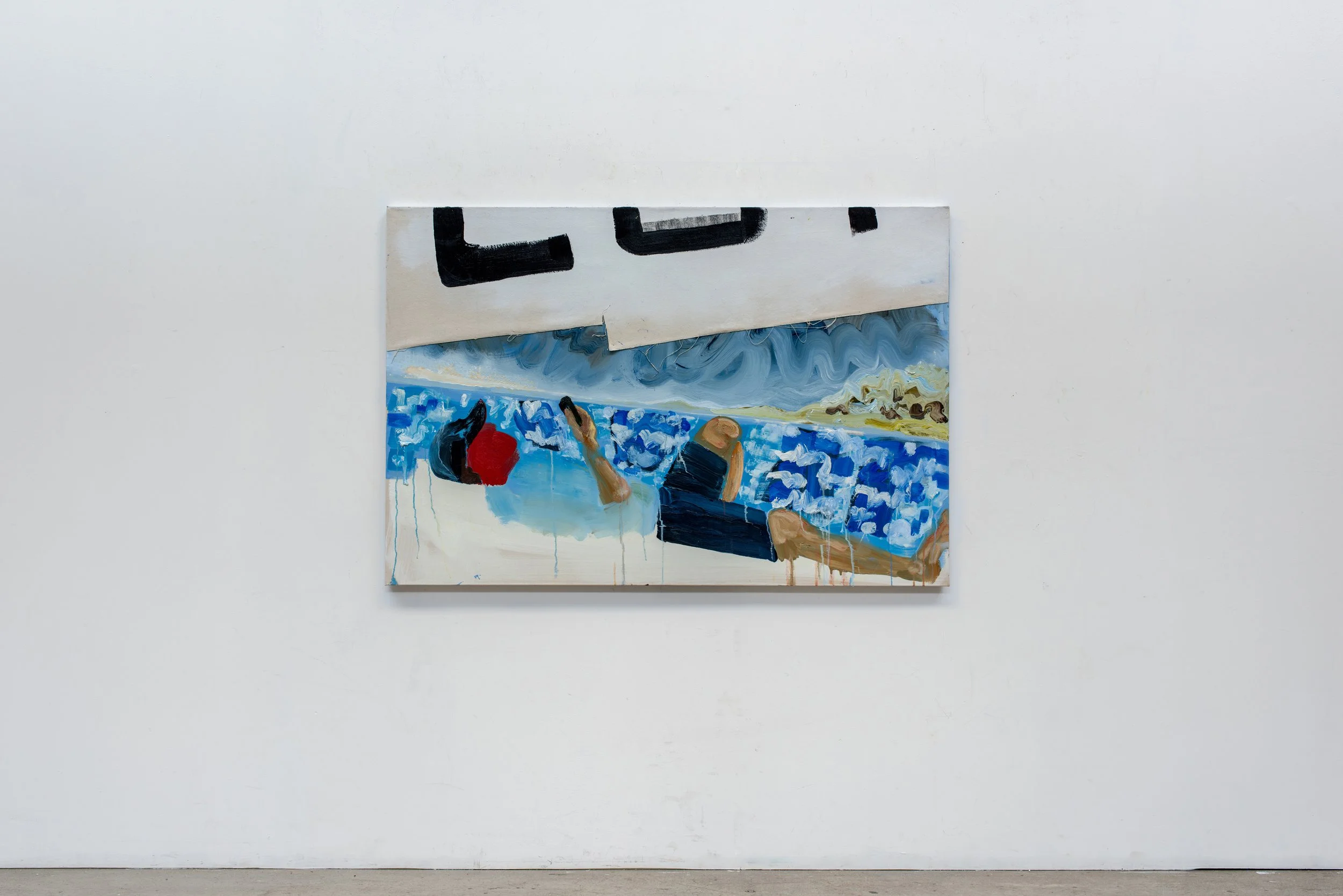Resting Banker, 2026. 100 x 150cm. Oil and collaged canvas on canvas.