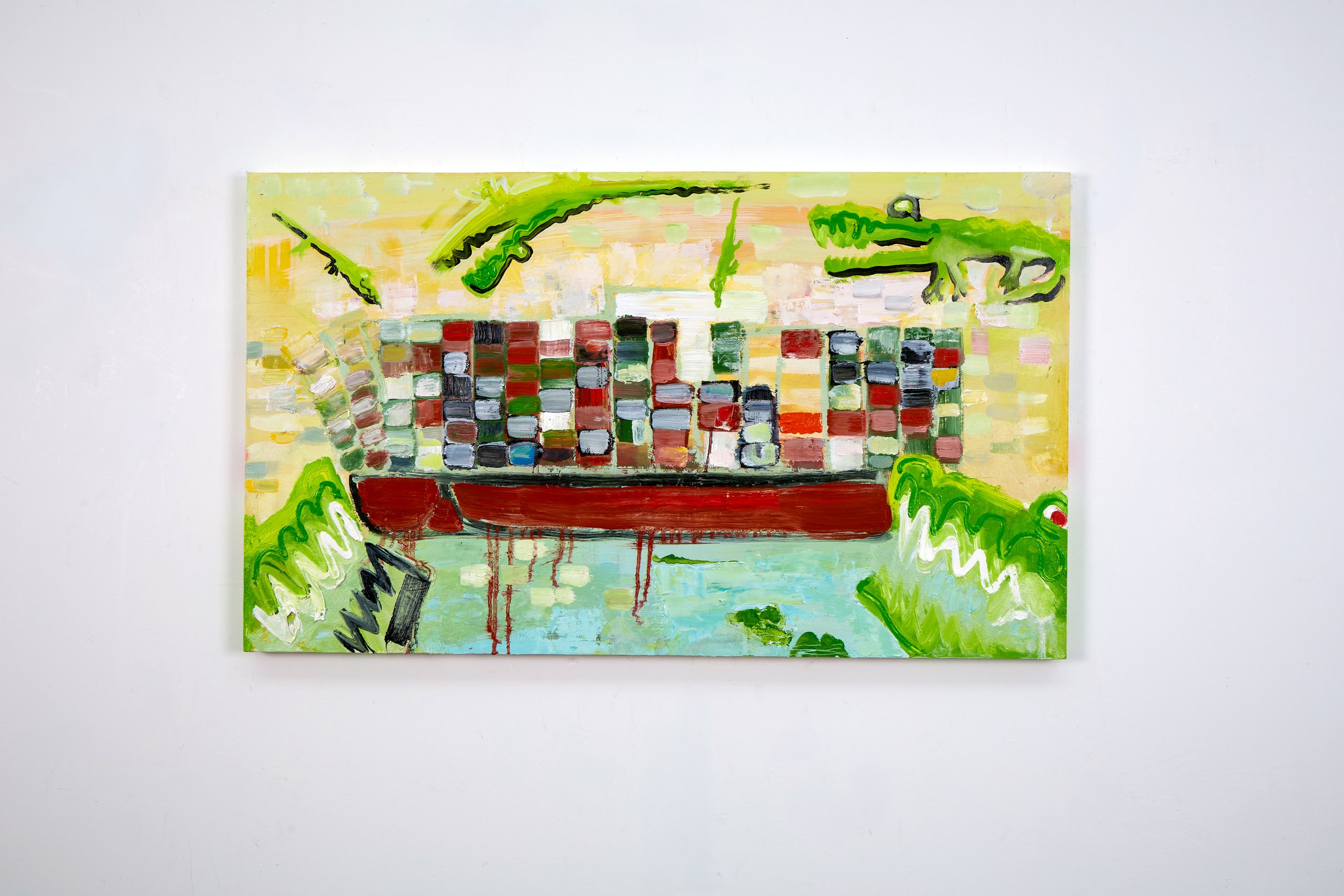 Malevolent Inflatables Threaten World's Greatest Grounded Cargo Vessel (Painting)!! 61 x 104cm. Oil on panel reclaimed from shipping crate.