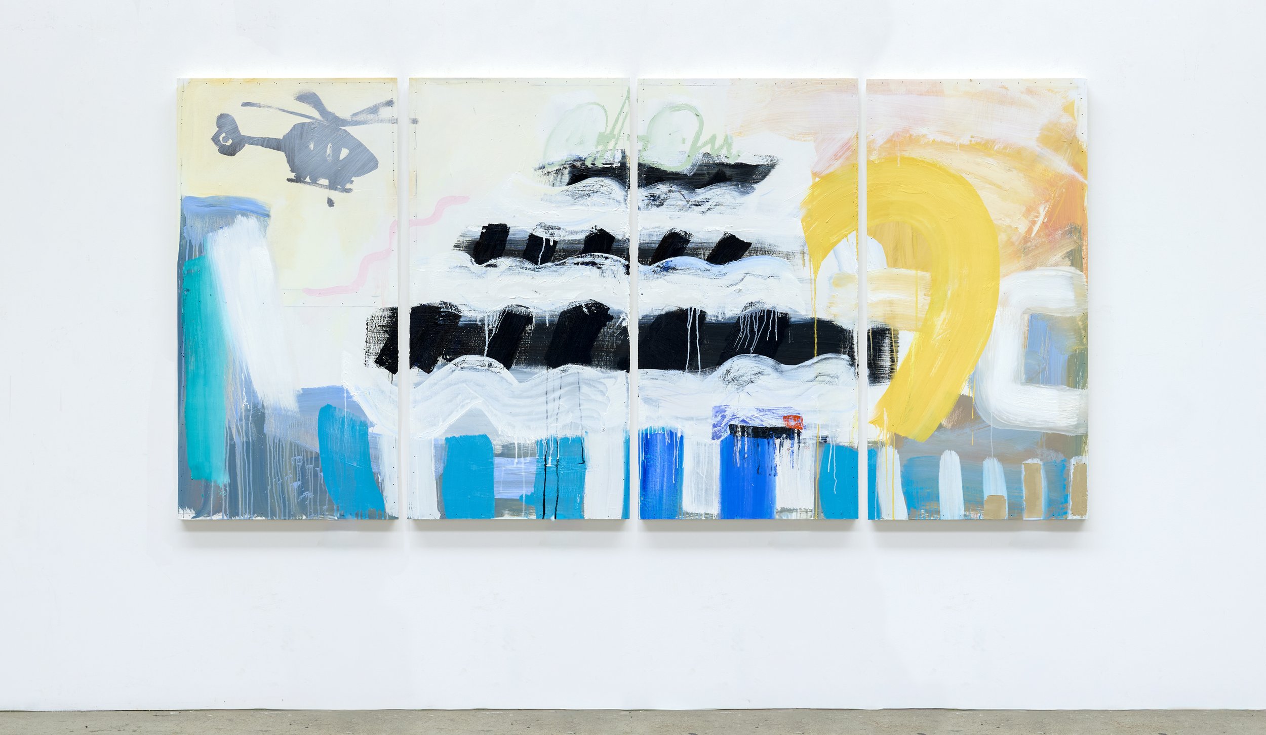 Flat Pack Super Yacht, 2025. 122 x 248cm overall. Oil, oil stick, graphite, and nail gun on acrylic on panel in four parts.