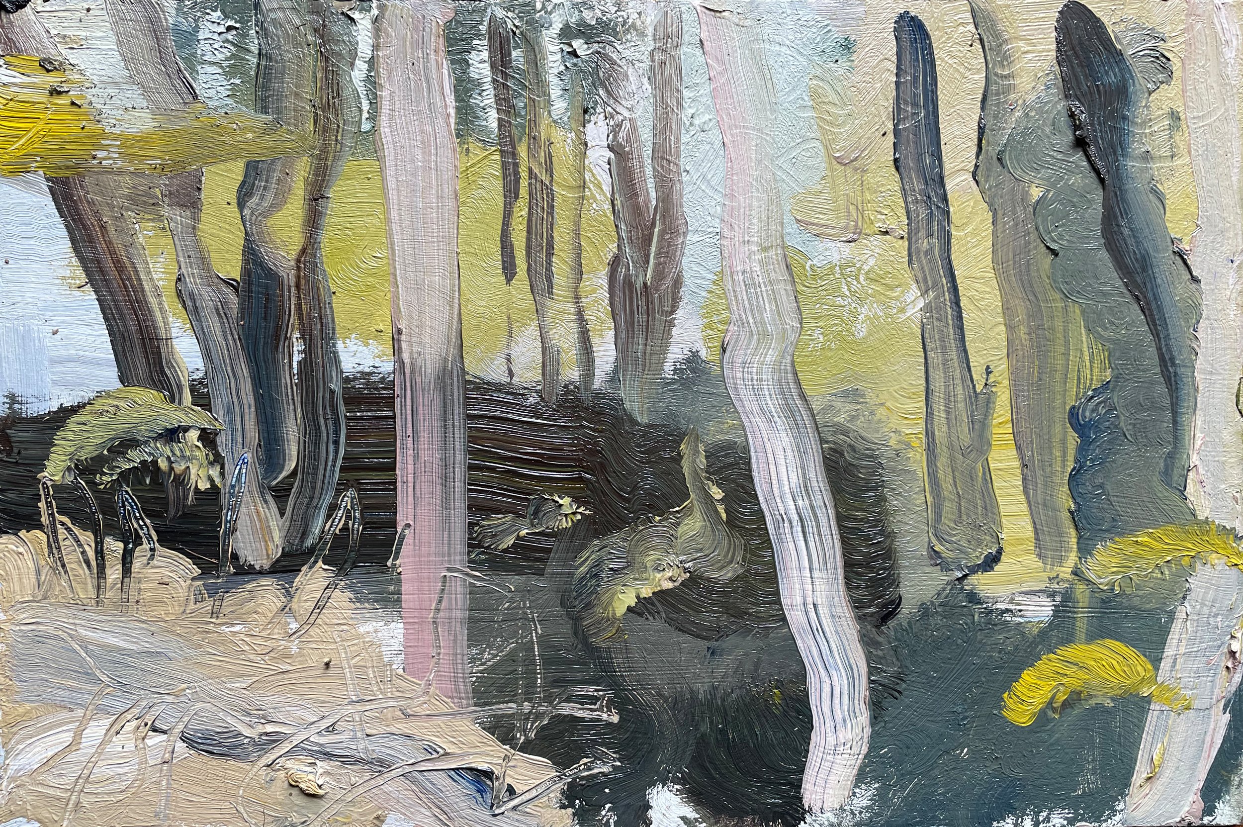 Sliding Into The Sea, 2024. 20 x 30cm. Oil on panel.