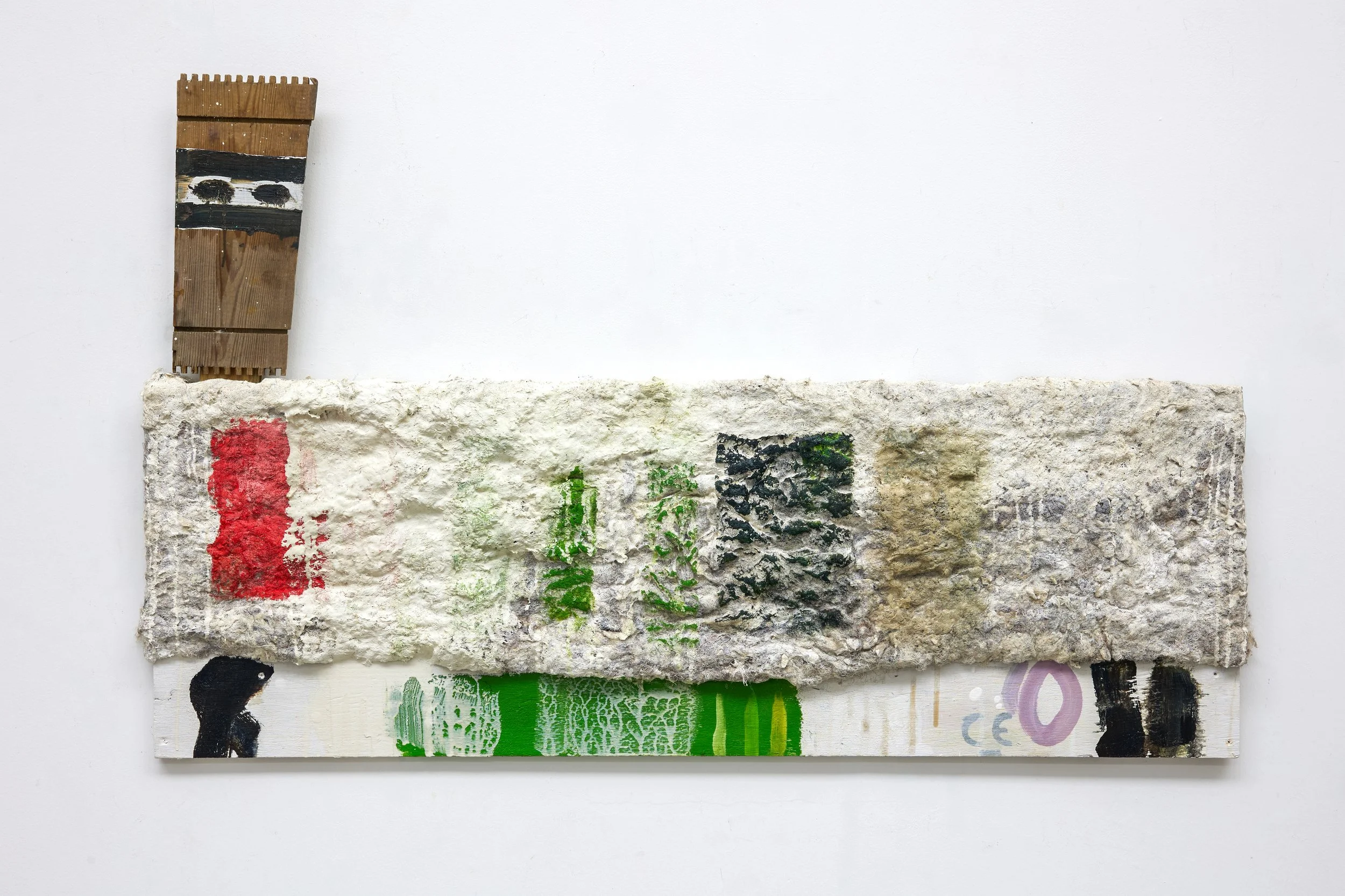 Long Ram, 2025. 75 x 119cm. Oil, distemper, wool, and acrylic on panel.
