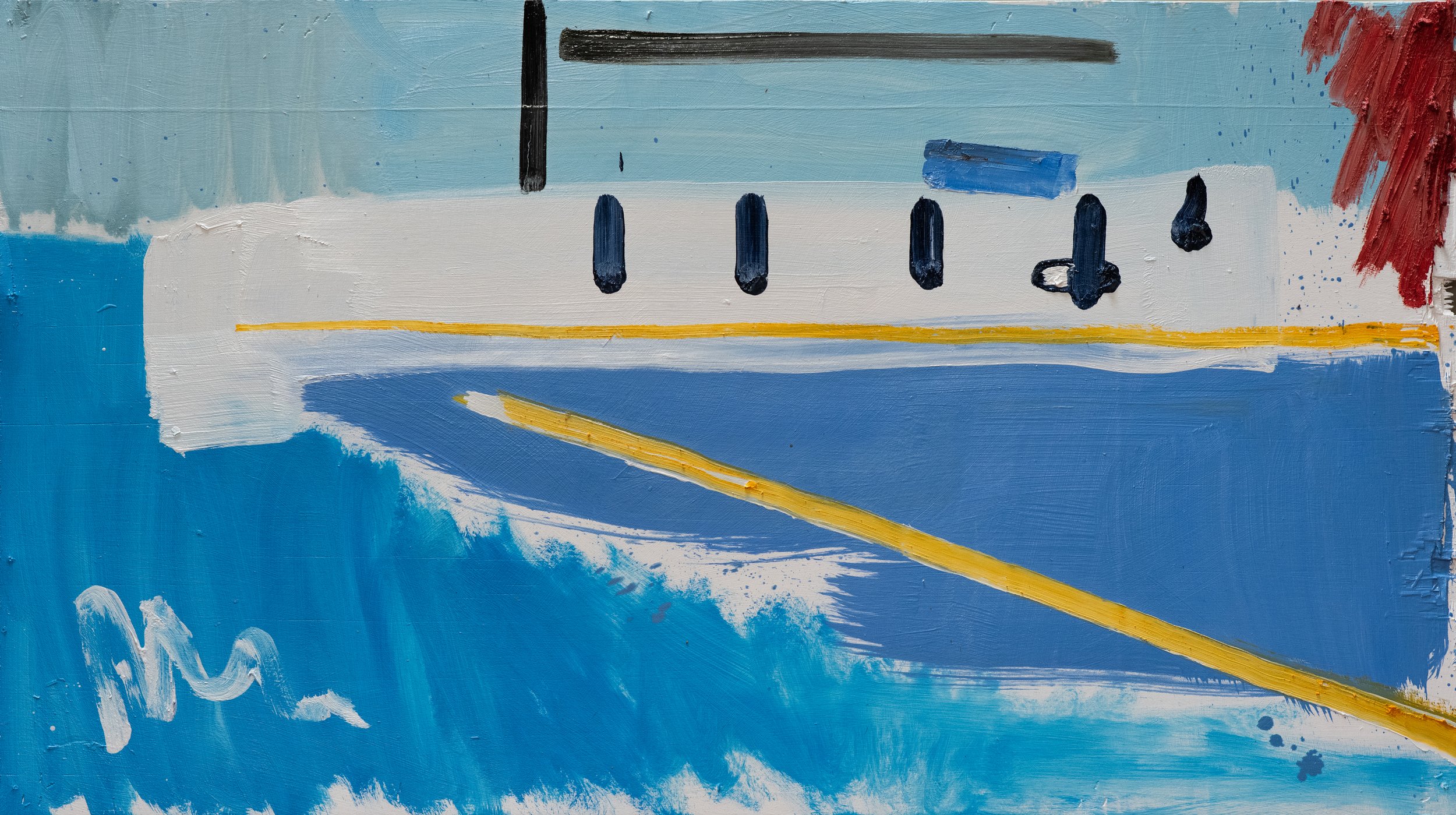 International Summertime, 2023. 61 x 104cm. Oil and oil stick on panel from reclaimed shipping crate.