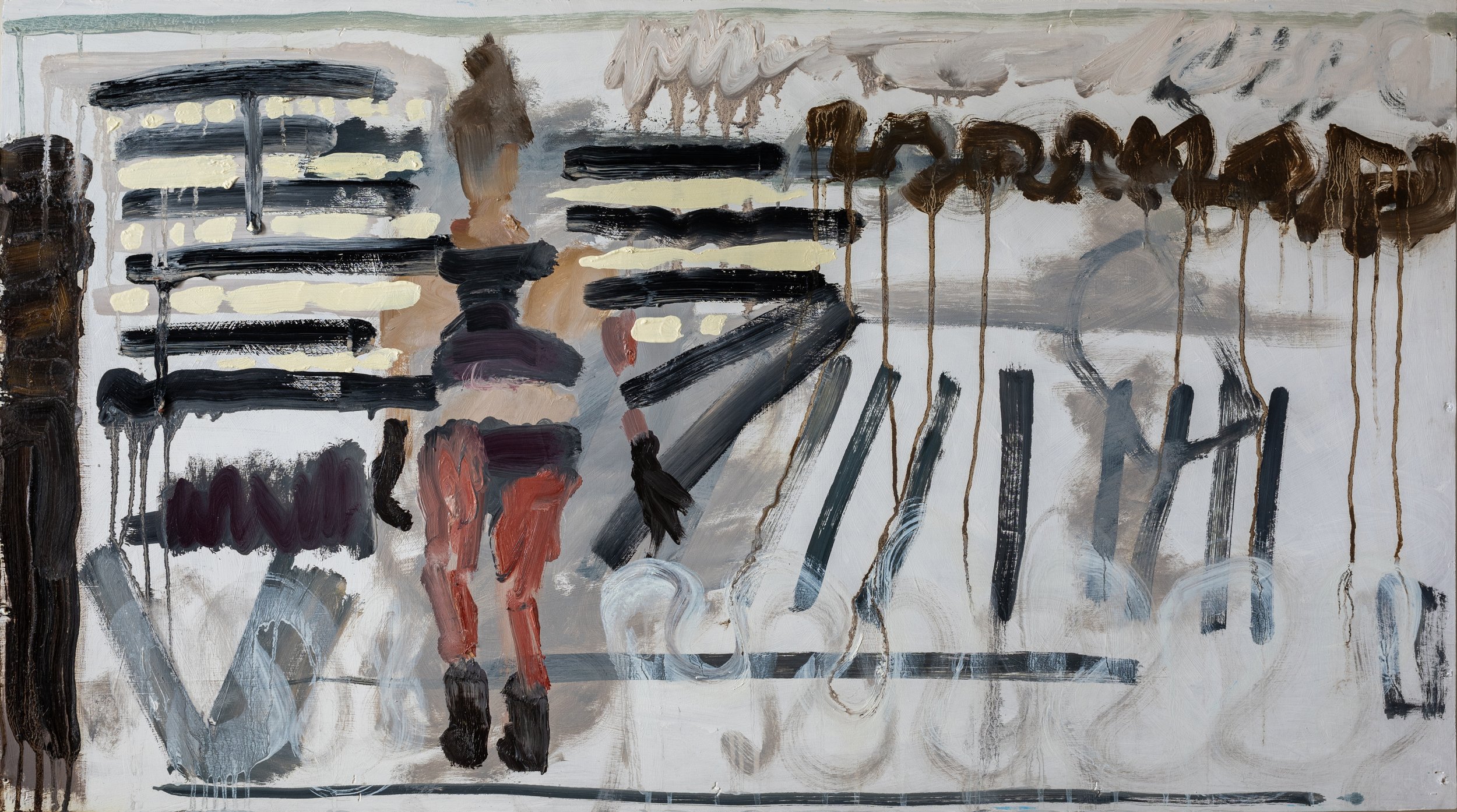 Mrs Ivins Goes Swimming (or Venus In Neoprene), 2024. 61 x 109cm. Oil on panel reclaimed from shipping crate.
