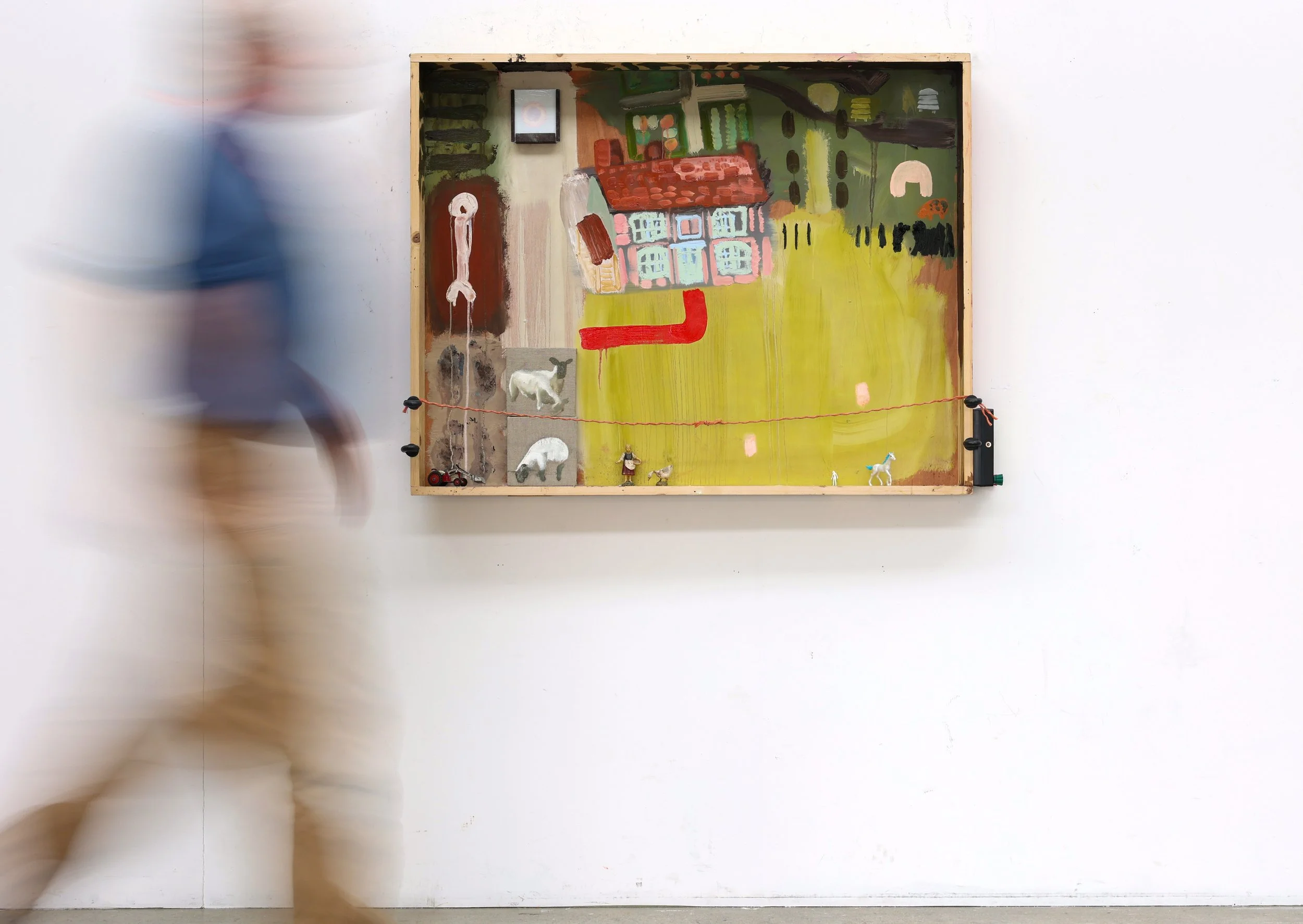 Trespassers Will Be Prosecuted, 2026. xx x xxx x xxcm. Oil, oil stick, ply, steel target holder, linen on panel, toy tractor, model figure, Bavarian toy figures and unicorn on reclaimed shipping crate, with fencer energiser, screw-in insulators and o