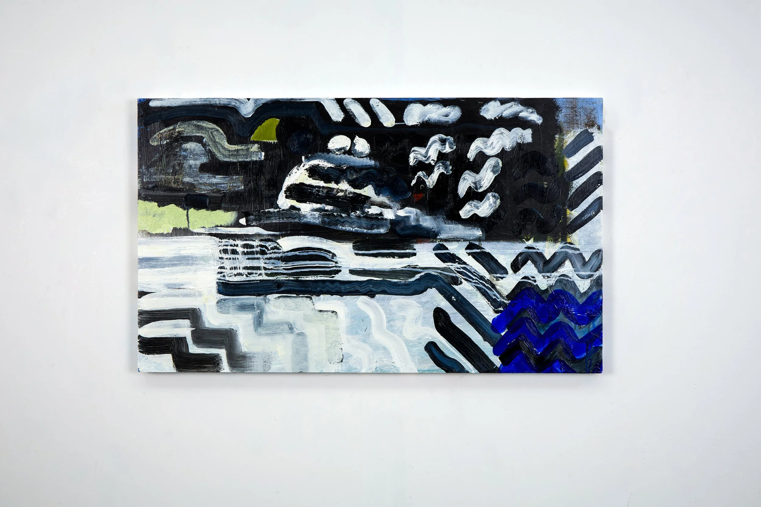 Midnight Manoevres, 2025. 61 x 104cm. Oil on panel reclaimed from shipping crate.