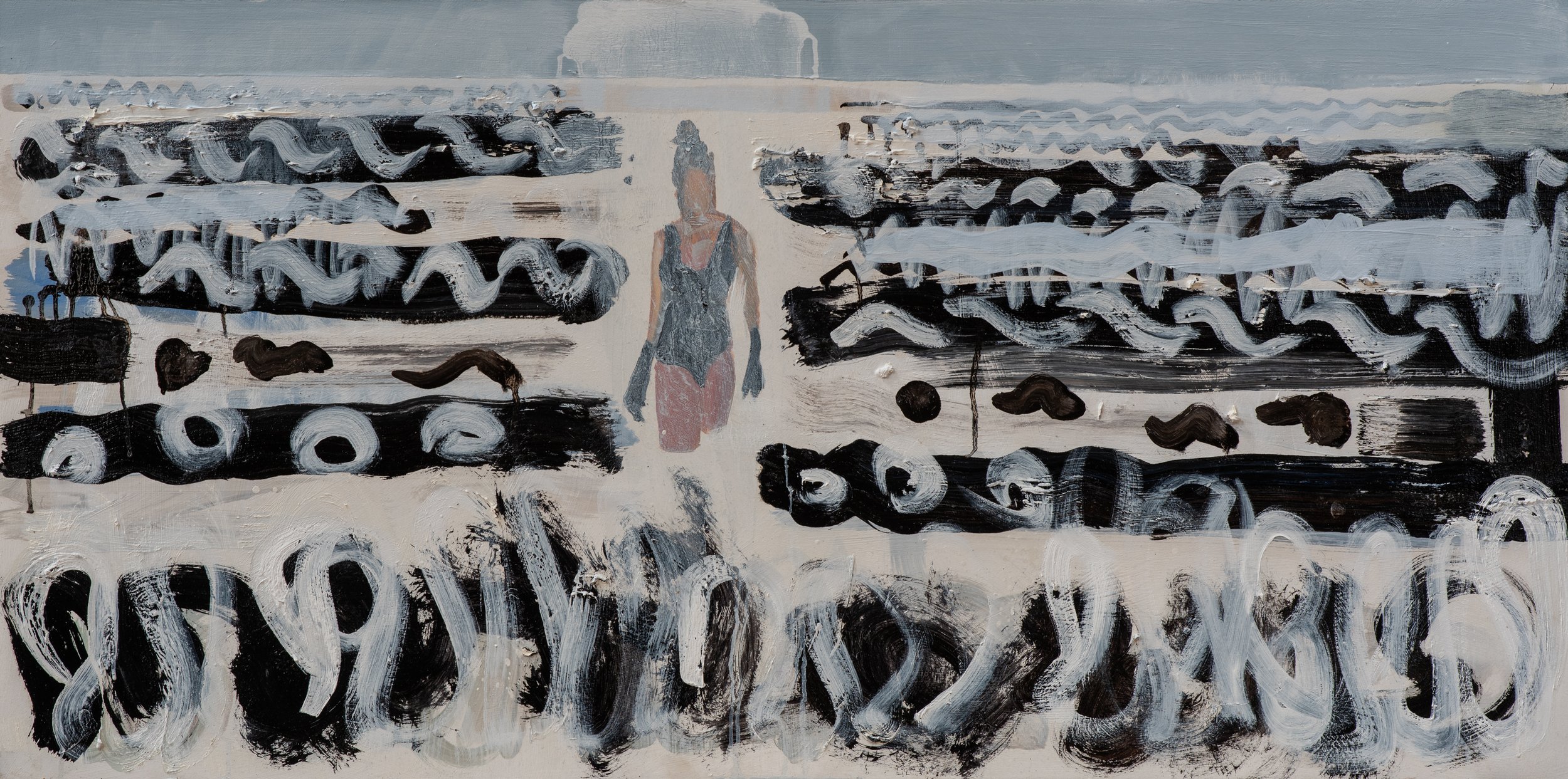 Lyme Bay Rollers, 2025. Oil on panel reclaimed from shipping crate.