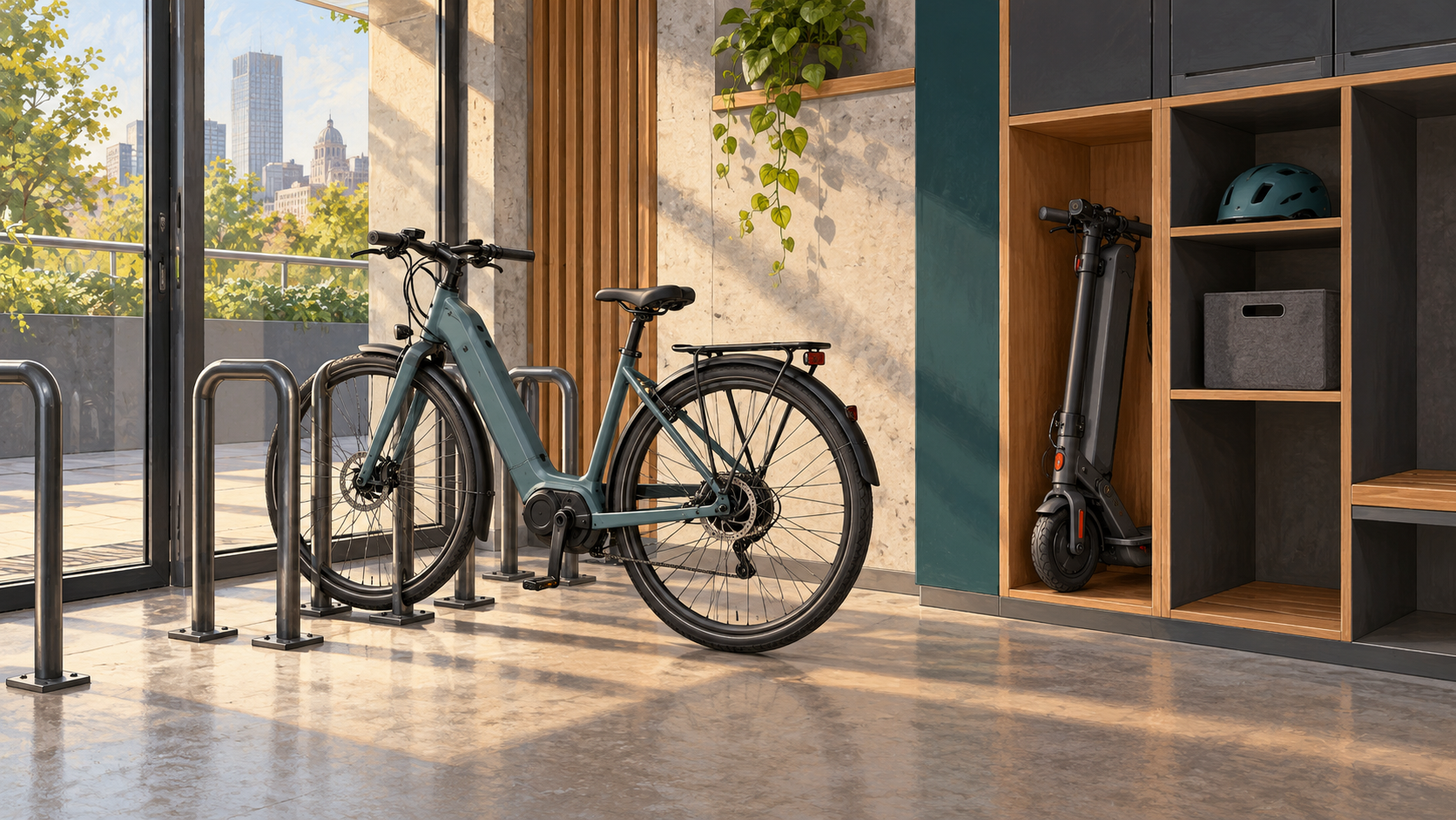 Illustrazione originale di una bici e un monopattino riposti in un deposito interno