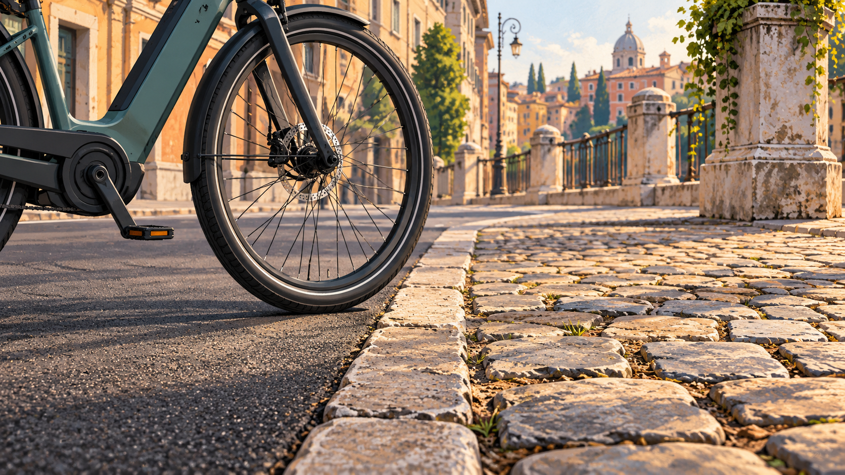 Illustrazione originale di una ruota di bicicletta accanto ad asfalto e pavé