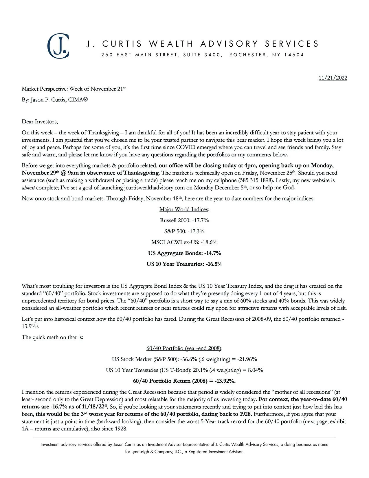 2022 Thanksgiving Letter & Market Update