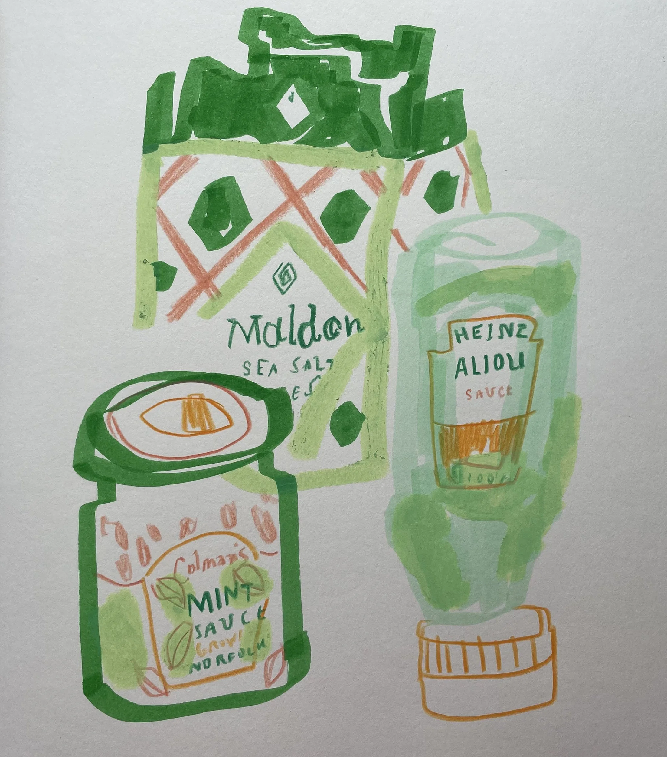 Food illustration depicting Heinz Alioli sauce bottle, Colman's mint sauce and maldon sea salt all in greens and oranges.